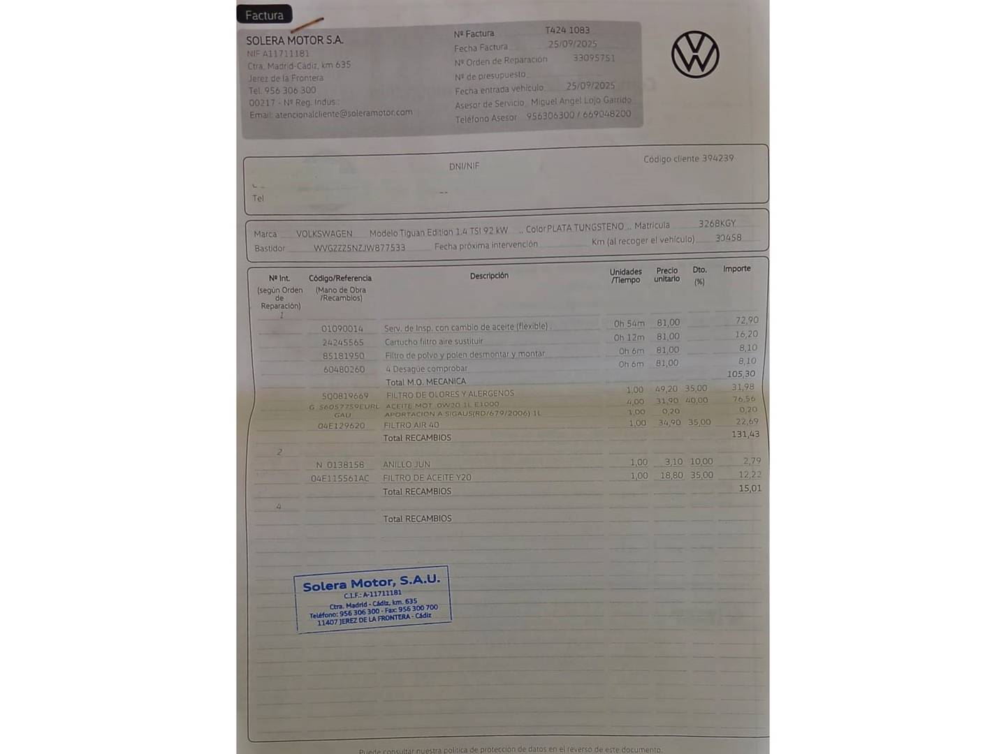 Foto del mantenimiento del Volkswagen Tiguan Volkswagen Tiguan Edition 1.4 TSI (125 CV)