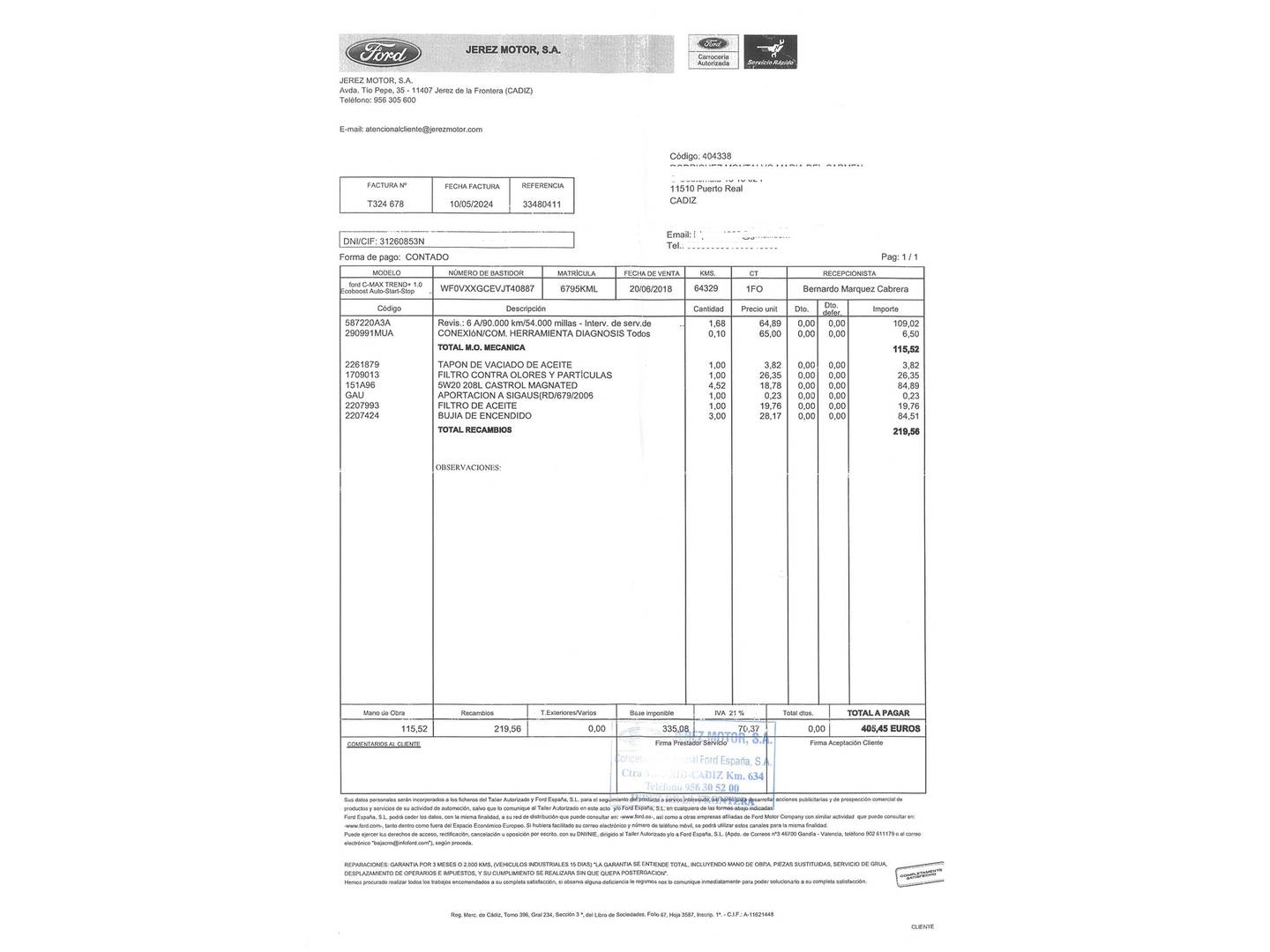 Foto del mantenimiento del Ford C-Max Ford C-Max 1.0 EcoBoost S&S Titanium (125 CV)