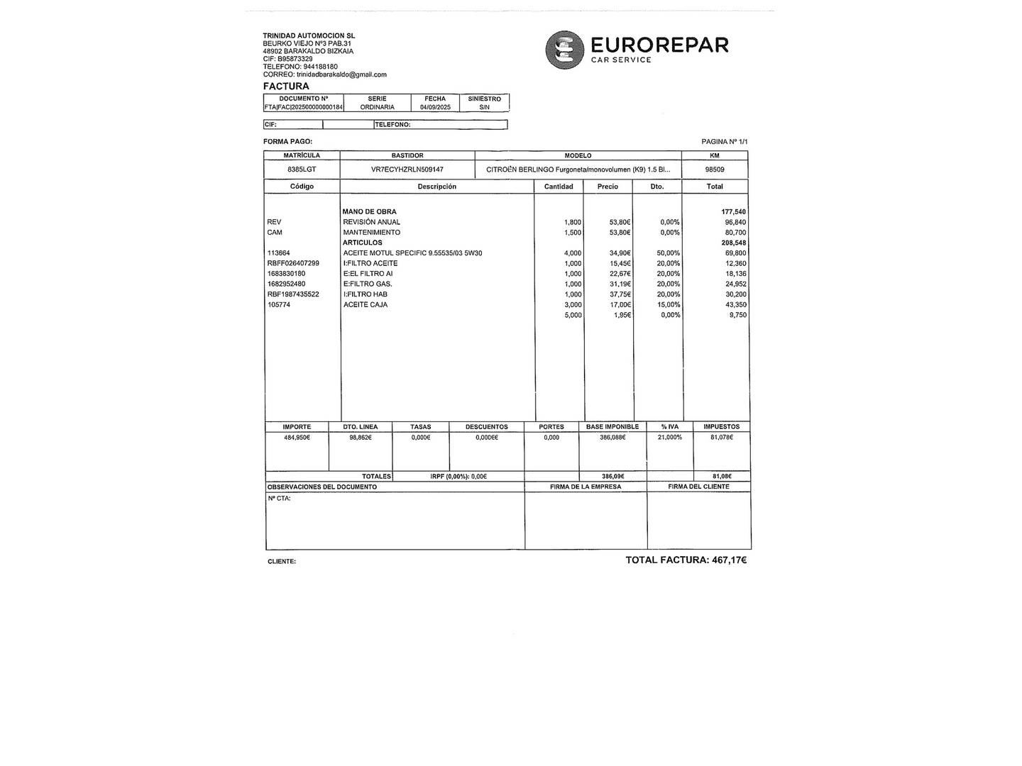 Foto del mantenimiento del Citroën Berlingo Citroën Berlingo BlueHDi 130 S&S Talla M Shine EAT8 (130 CV)