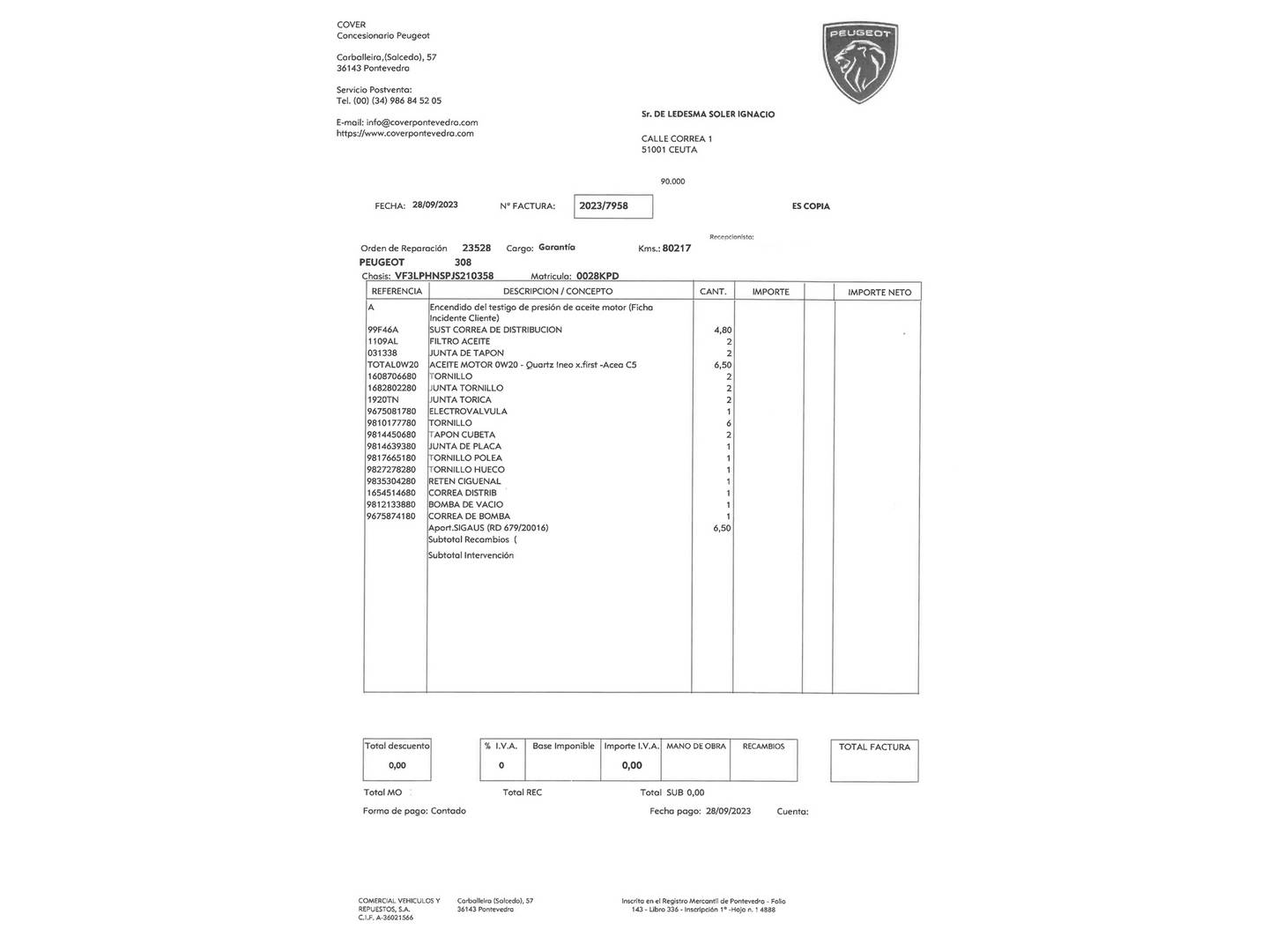 Foto del mantenimiento del Peugeot 308 Peugeot 308 PureTech 130 S&S Style (130 CV)