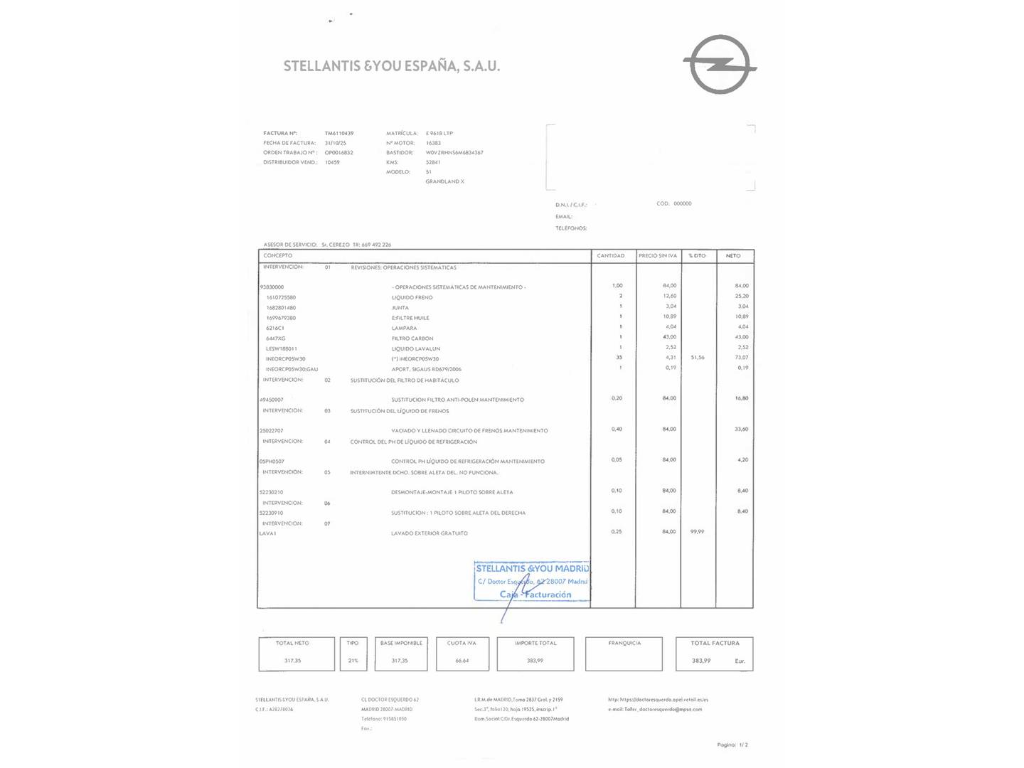 Foto del mantenimiento del Opel Grandland X Opel Grandland X 1.2 Turbo Design & Tech (130 CV)