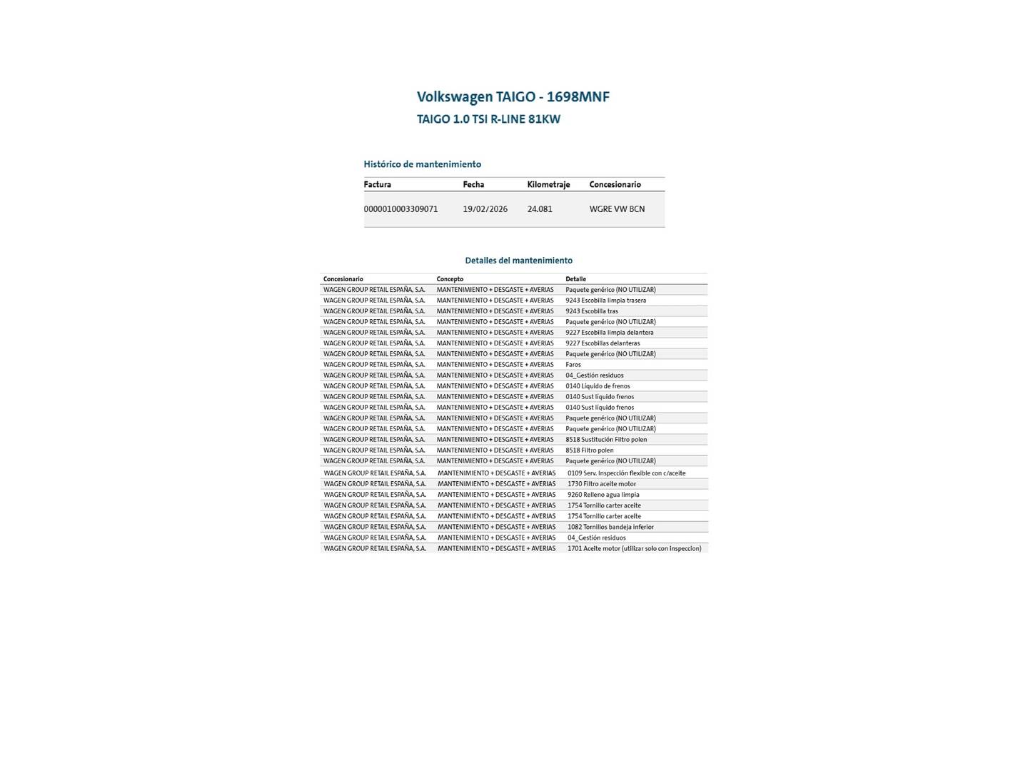 Foto del certificado del Volkswagen Taigo Volkswagen Taigo R-Line 1.0 TSI (110 CV)