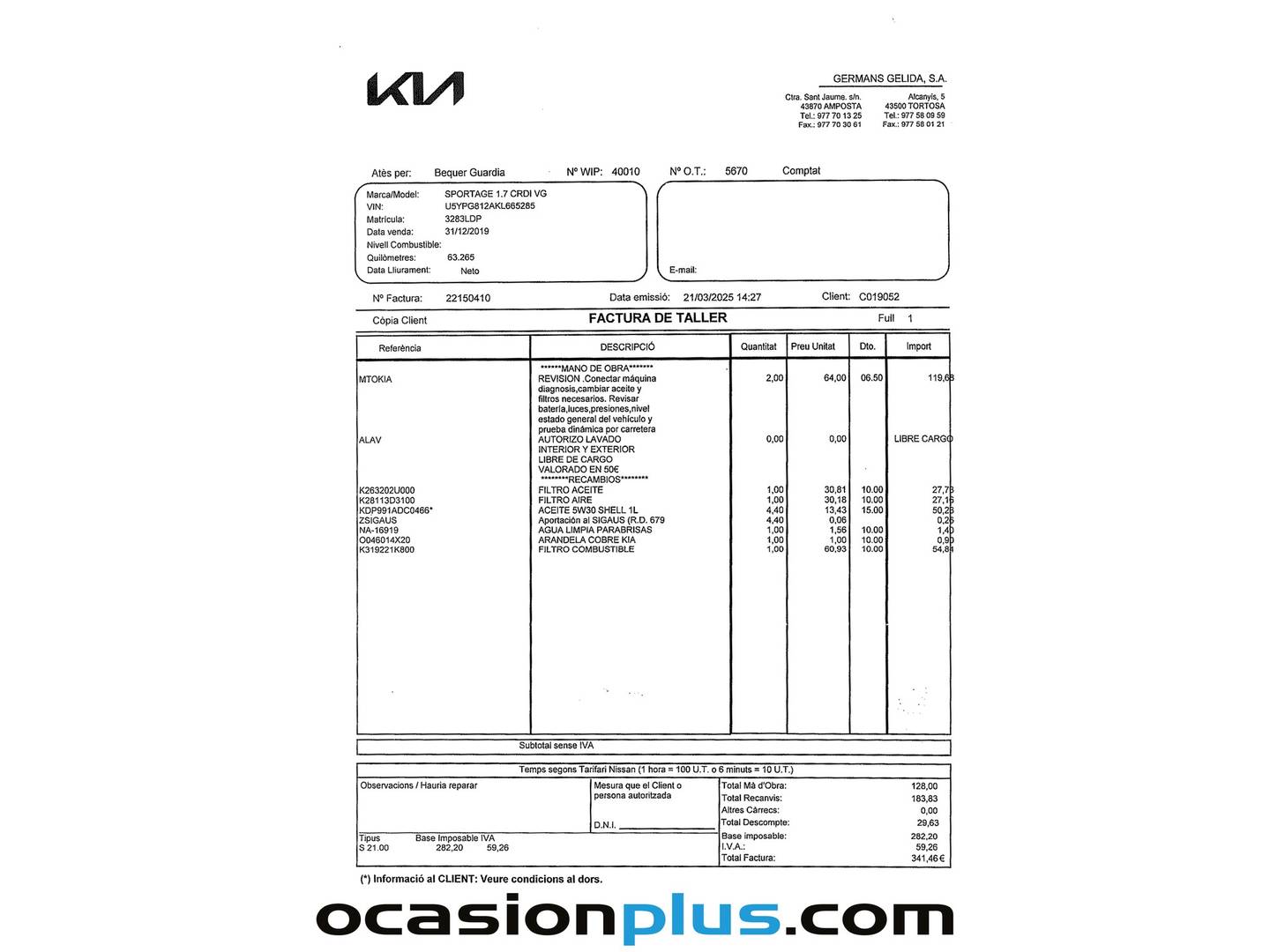 Foto del mantenimiento del KIA Sportage KIA Sportage 1.6 CRDi Business 4x2 (136 CV)