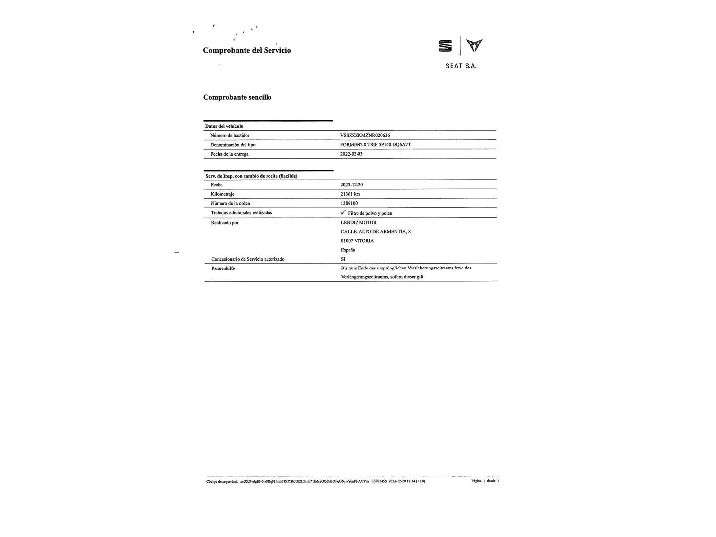 Foto del mantenimiento del Cupra Formentor Cupra Formentor 2.0 TSI 4Drive DSG (190 CV)