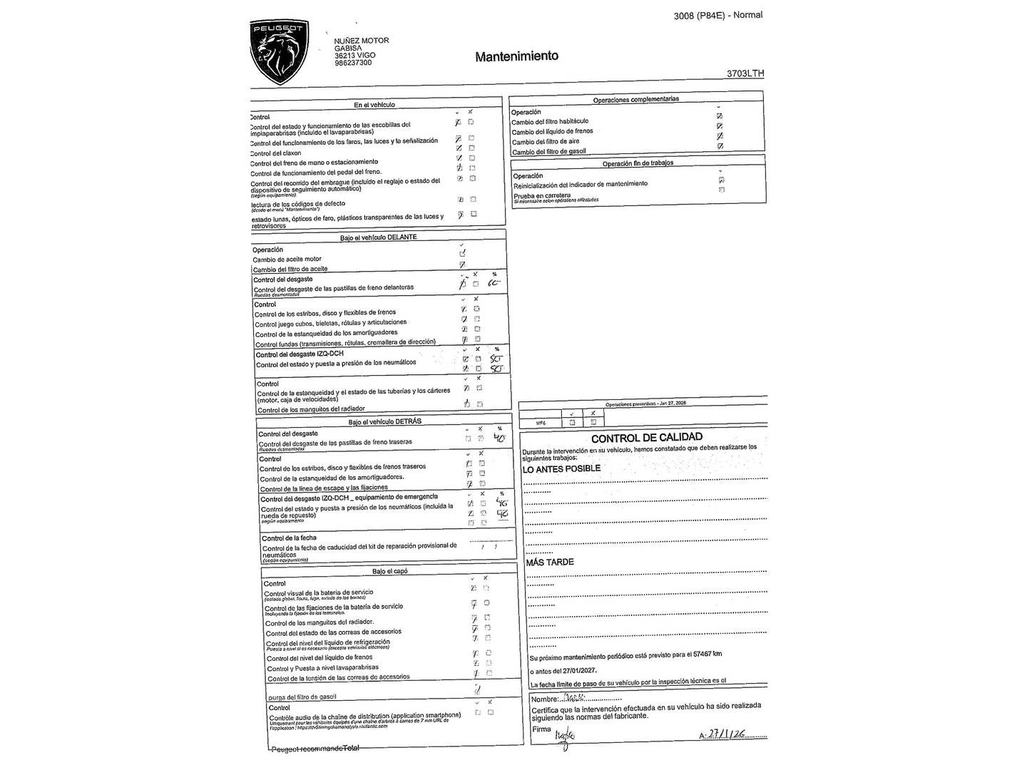 Foto del mantenimiento del Peugeot 3008 Peugeot 3008 BlueHDi 130 S&S GT (130 CV)