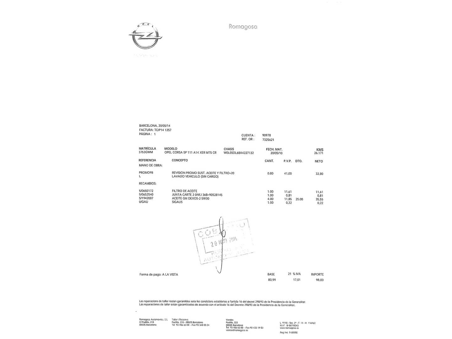 Foto del mantenimiento del Opel Corsa Opel Corsa 1.4 111 Years (100 CV)