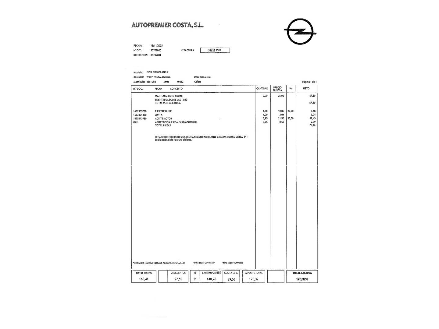 Foto del mantenimiento del Opel Crossland Opel Crossland 1.5D Business Elegance Auto (120 CV)