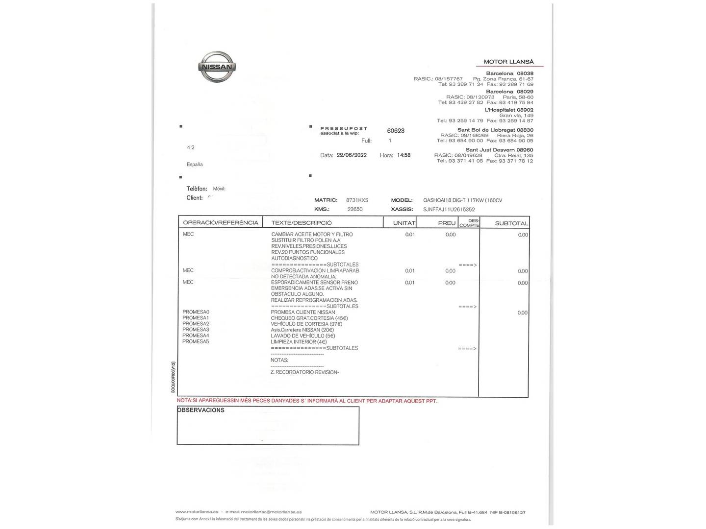 Foto del mantenimiento del Nissan QASHQAI Nissan Qashqai DIG-T 160 N-Connecta 4x2 DCT (160 CV)