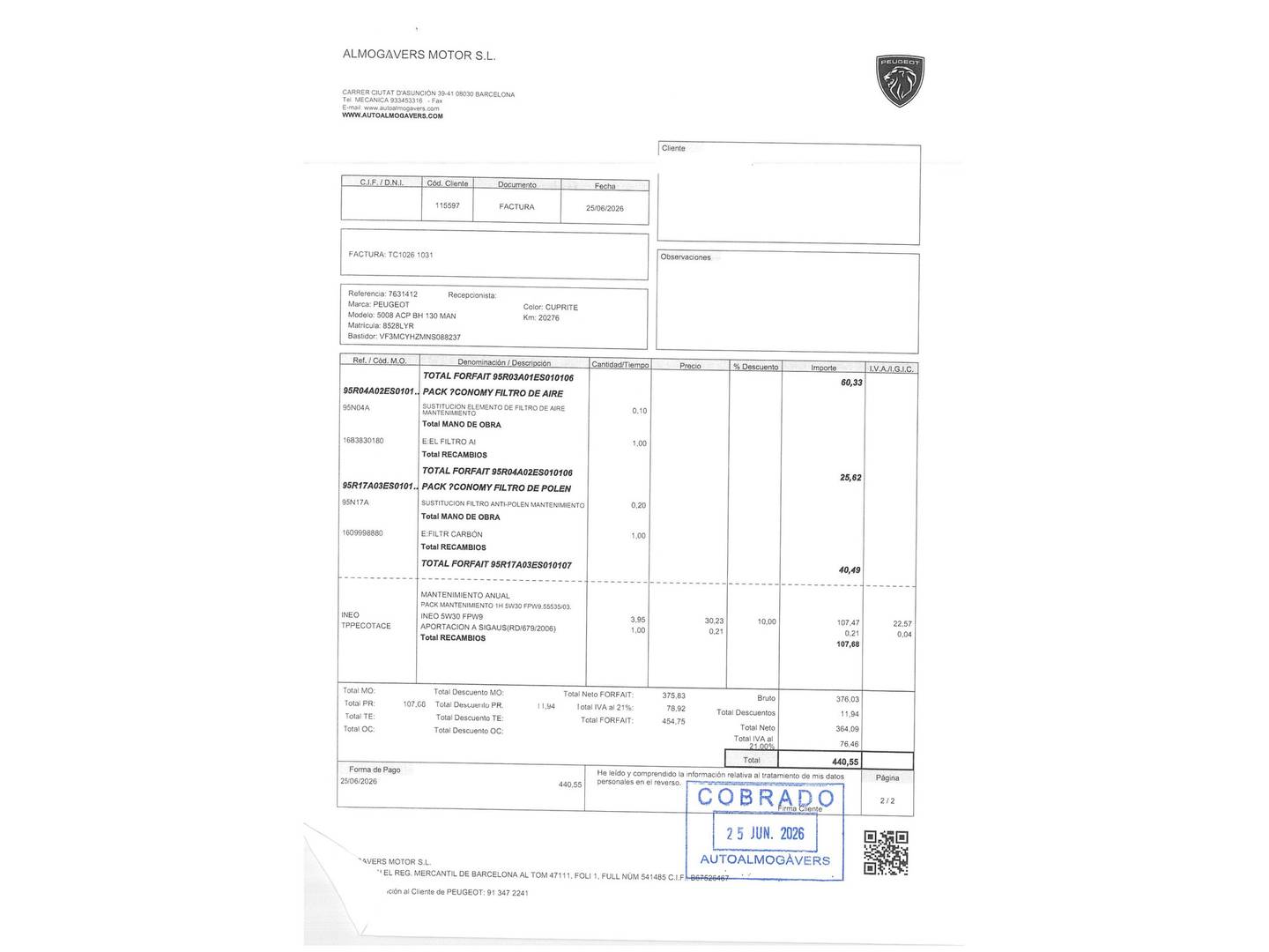 Foto del mantenimiento del Peugeot 5008 Peugeot 5008 BlueHDI 130 S&S Active Pack (130 CV) 7 Plazas