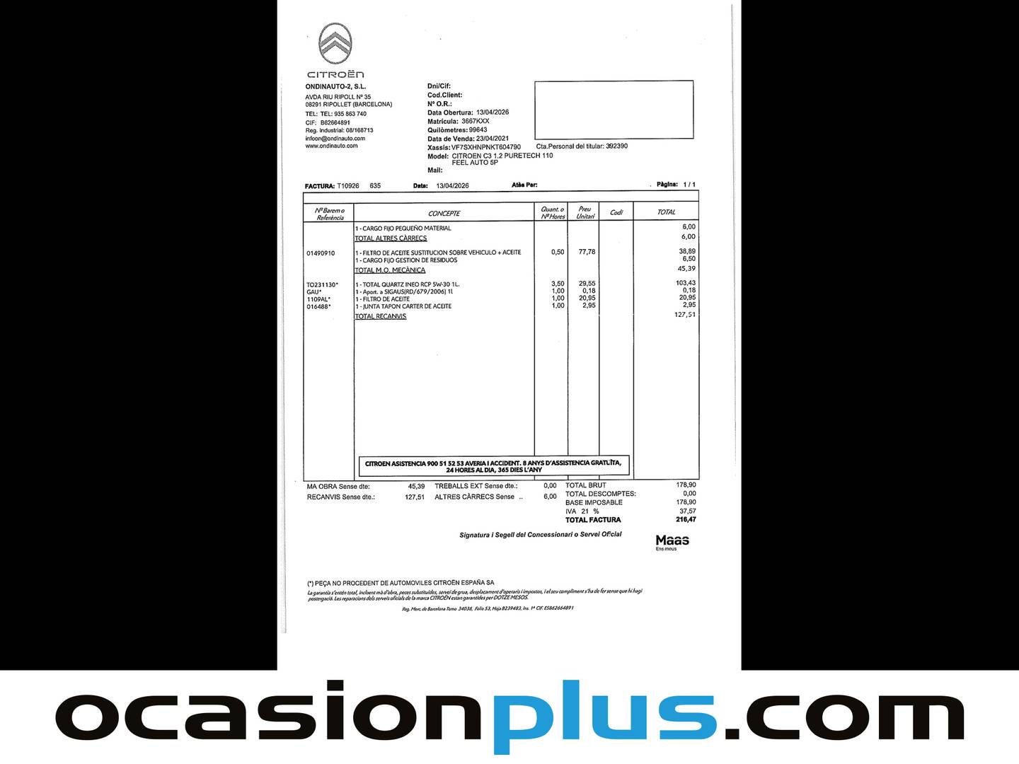 Foto del mantenimiento del Citroën C3 Citroën C3 PureTech 110 Feel EAT6 (110 CV)