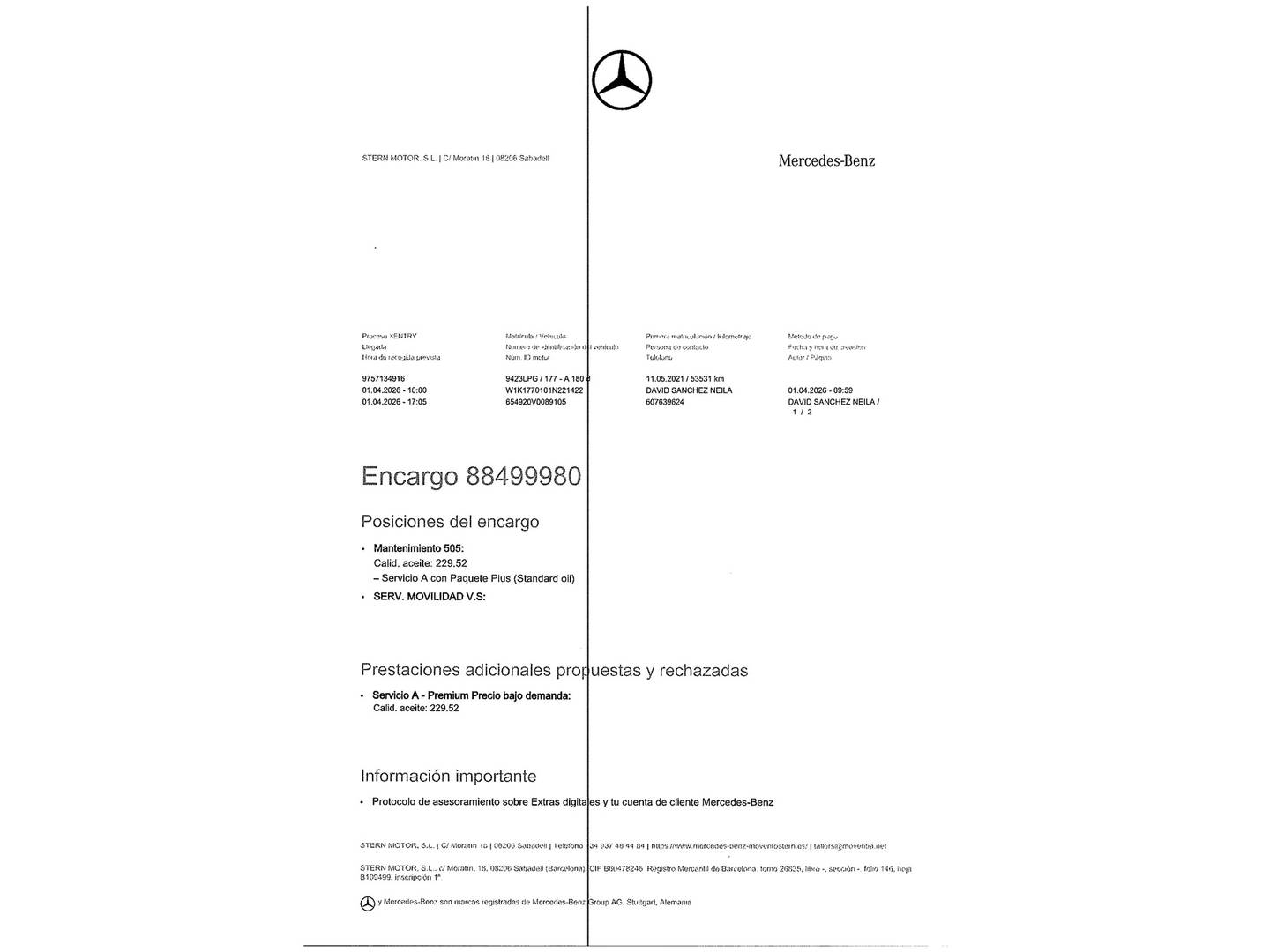 Foto del mantenimiento del Mercedes Clase A Mercedes Clase A 180 d (116 CV) Pack AMG
