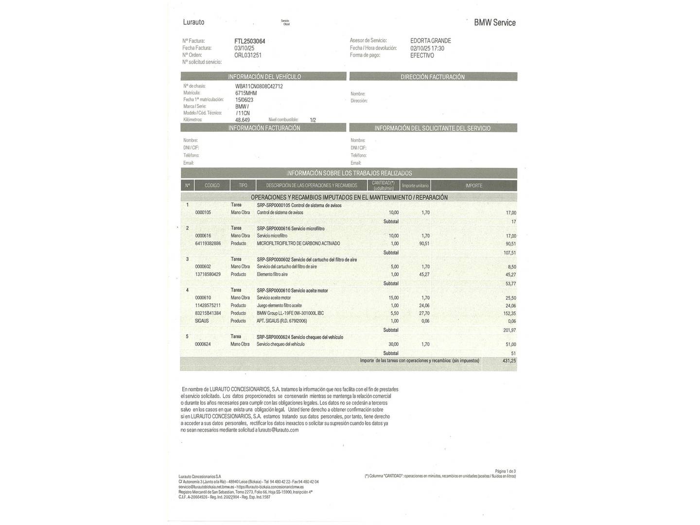 Foto del mantenimiento del BMW Serie 2 BMW Serie 2 220d Coupe (190 CV) Pack M