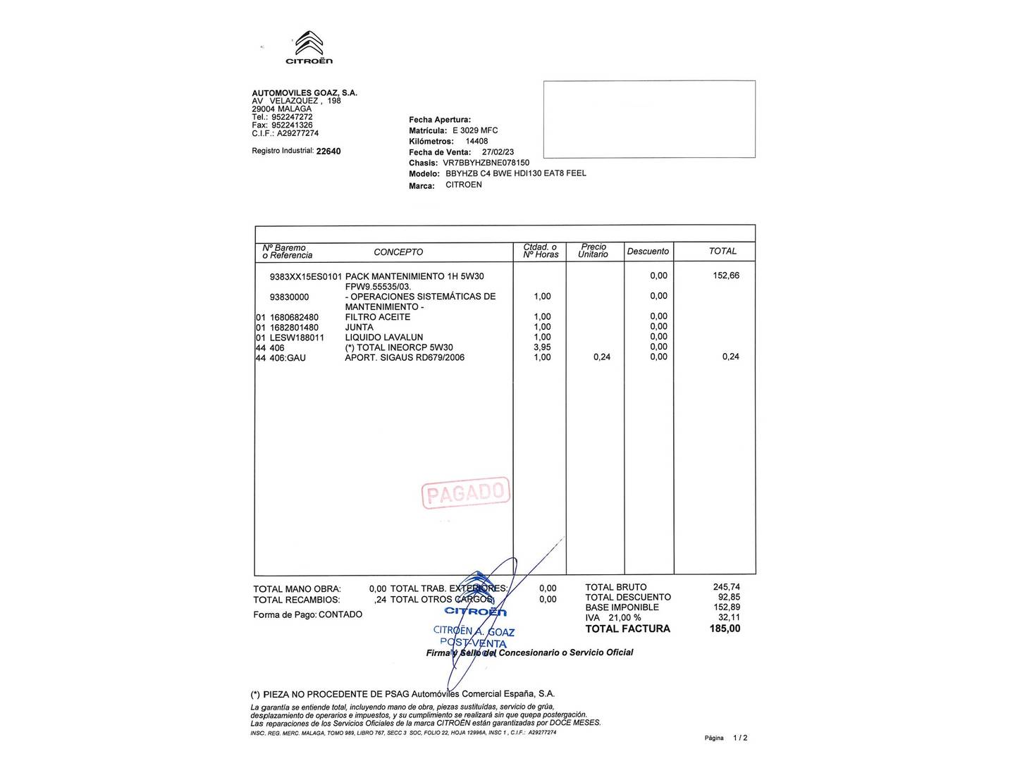 Foto del mantenimiento del Citroën C4 Citroen C4 BlueHDi 130 S&S Feel Pack EAT8 (130 CV)