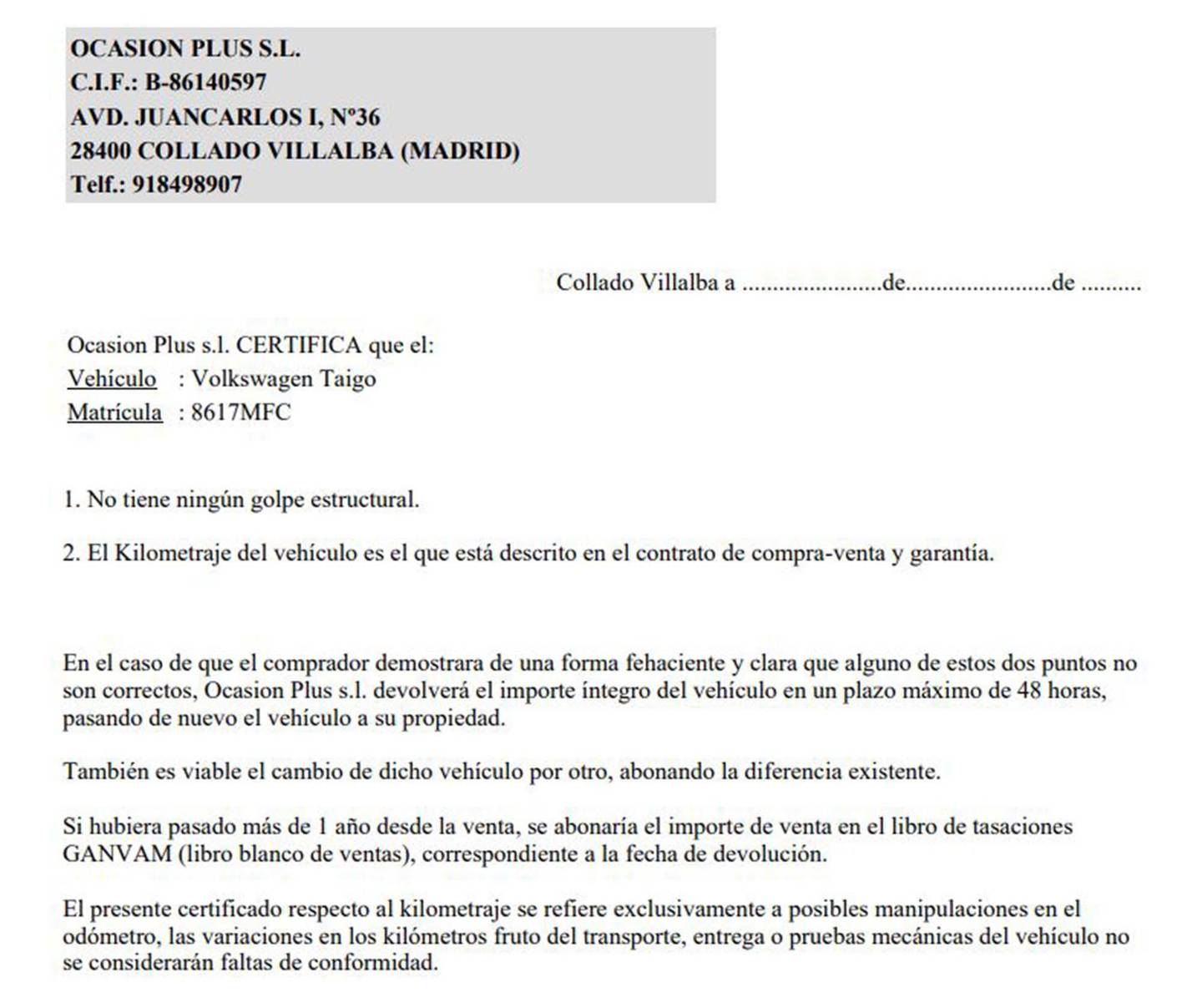 Foto del certificado del Volkswagen Taigo Volkswagen Taigo Life 1.0 TSI (110 CV)