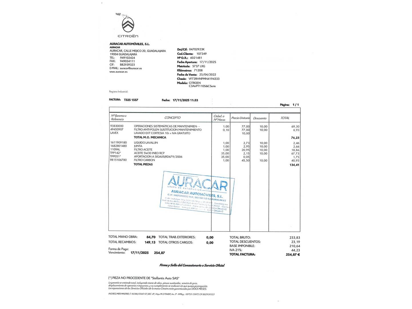 Foto del mantenimiento del Citroën C3 Aircross Citroen C3 Aircross PureTech 110 S&S C-Series (110 CV)