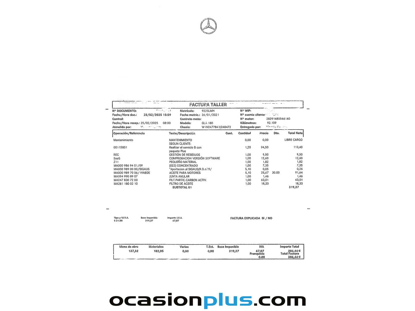 Foto del mantenimiento del Mercedes GLA Mercedes GLA 180 (136 CV) Pack AMG