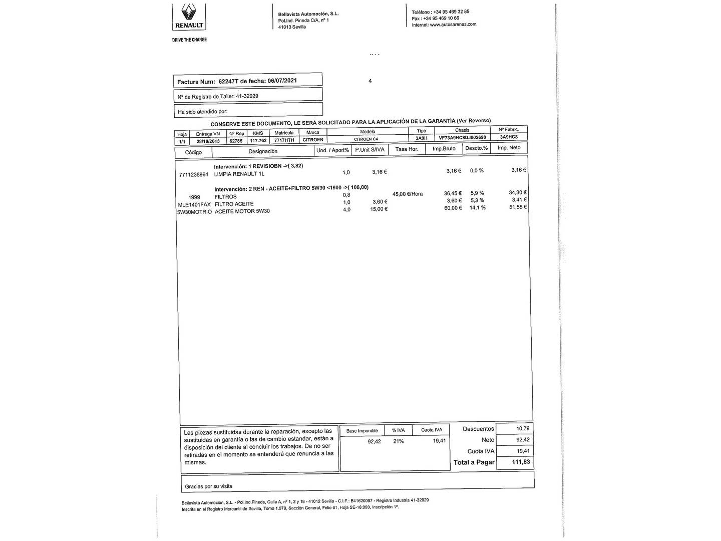 Foto del mantenimiento del Citroën Grand C4 Picasso Citroën Grand C4 Picasso e-HDi 115 Airdream Attraction  (115 CV) 7 Plazas