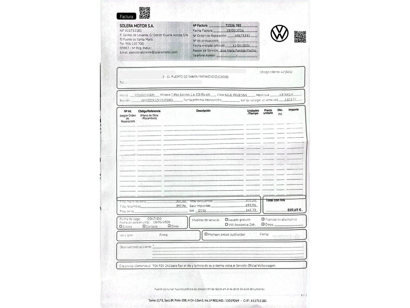 Foto del mantenimiento del Volkswagen T-Roc Volkswagen T-Roc Edition 1.6 TDI (115 CV)