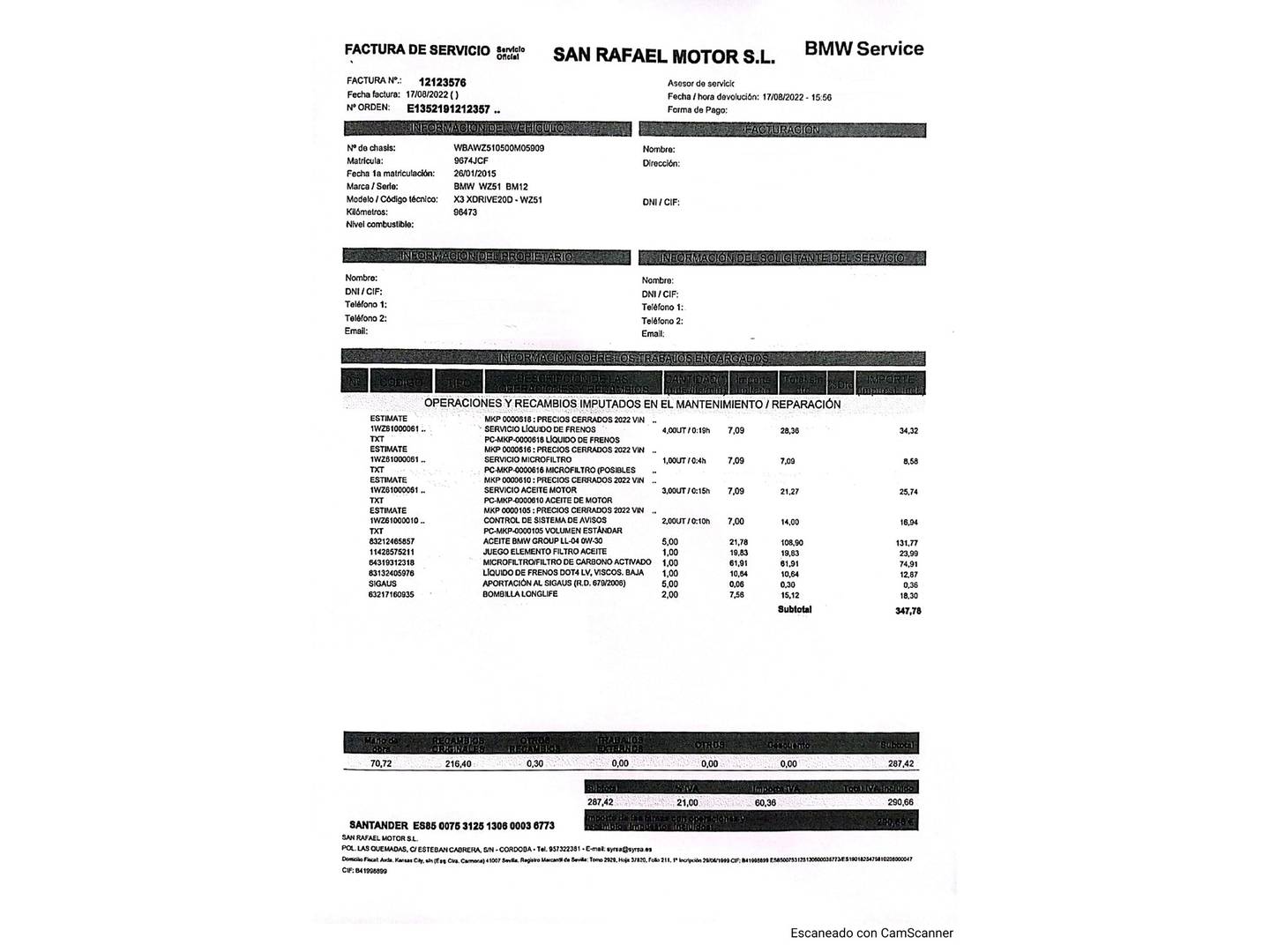 Foto del mantenimiento del BMW X3 BMW X3 xDrive20d (190 CV)