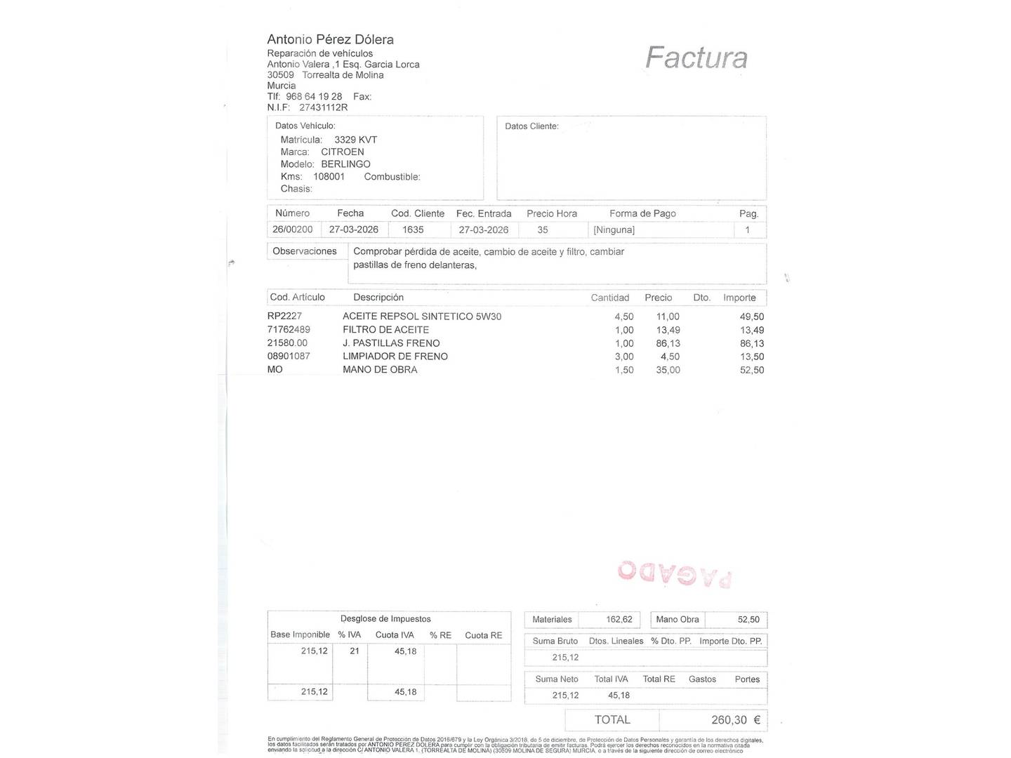 Foto del mantenimiento del Citroën Berlingo Citroën Berlingo Combi BlueHDi 100 Talla M Feel (100 CV)