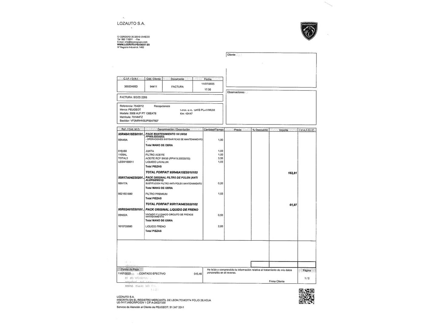 Foto del mantenimiento del Peugeot 5008 Peugeot 5008 PureTech 130 S&S Allure Pack EAT8 (130 CV) 7 PLAZAS