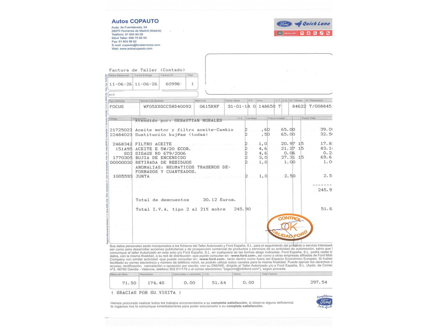 Foto del mantenimiento del Ford Focus Ford Focus 1.0 Ecoboost Business (125 CV)