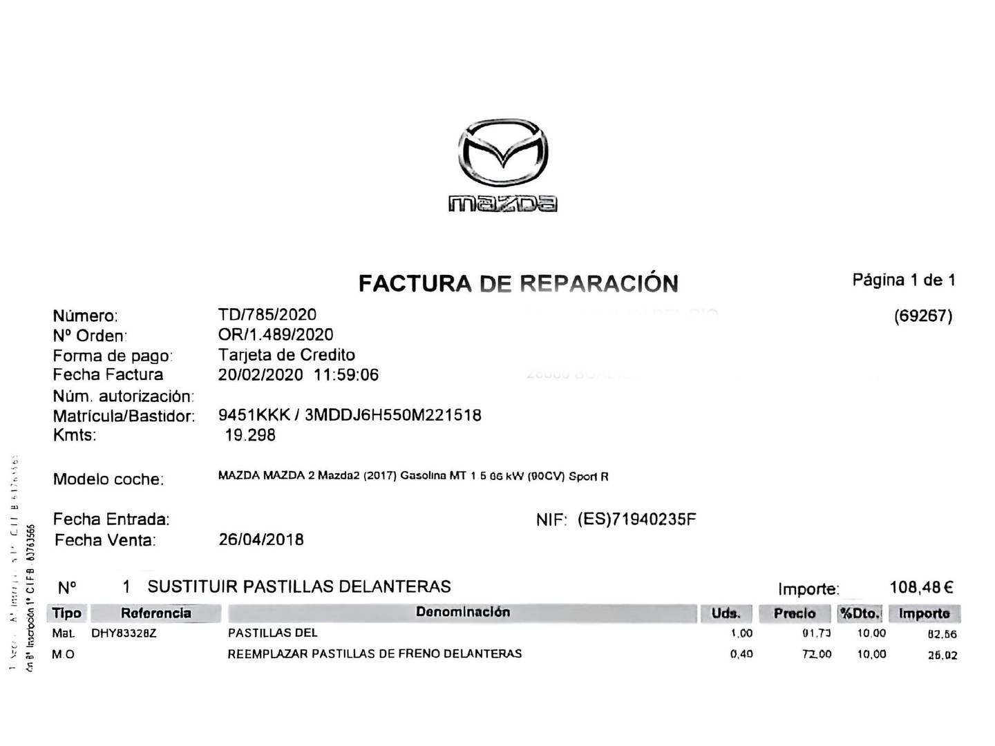 Foto del mantenimiento del Mazda Mazda2 Mazda Mazda 2 Style+ 1.5 GE (90CV)
