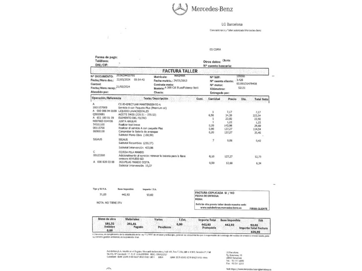 Foto del mantenimiento del Mercedes Clase A Mercedes-Benz Clase A 200 CDI Blue Efficiency Urban (136 CV)