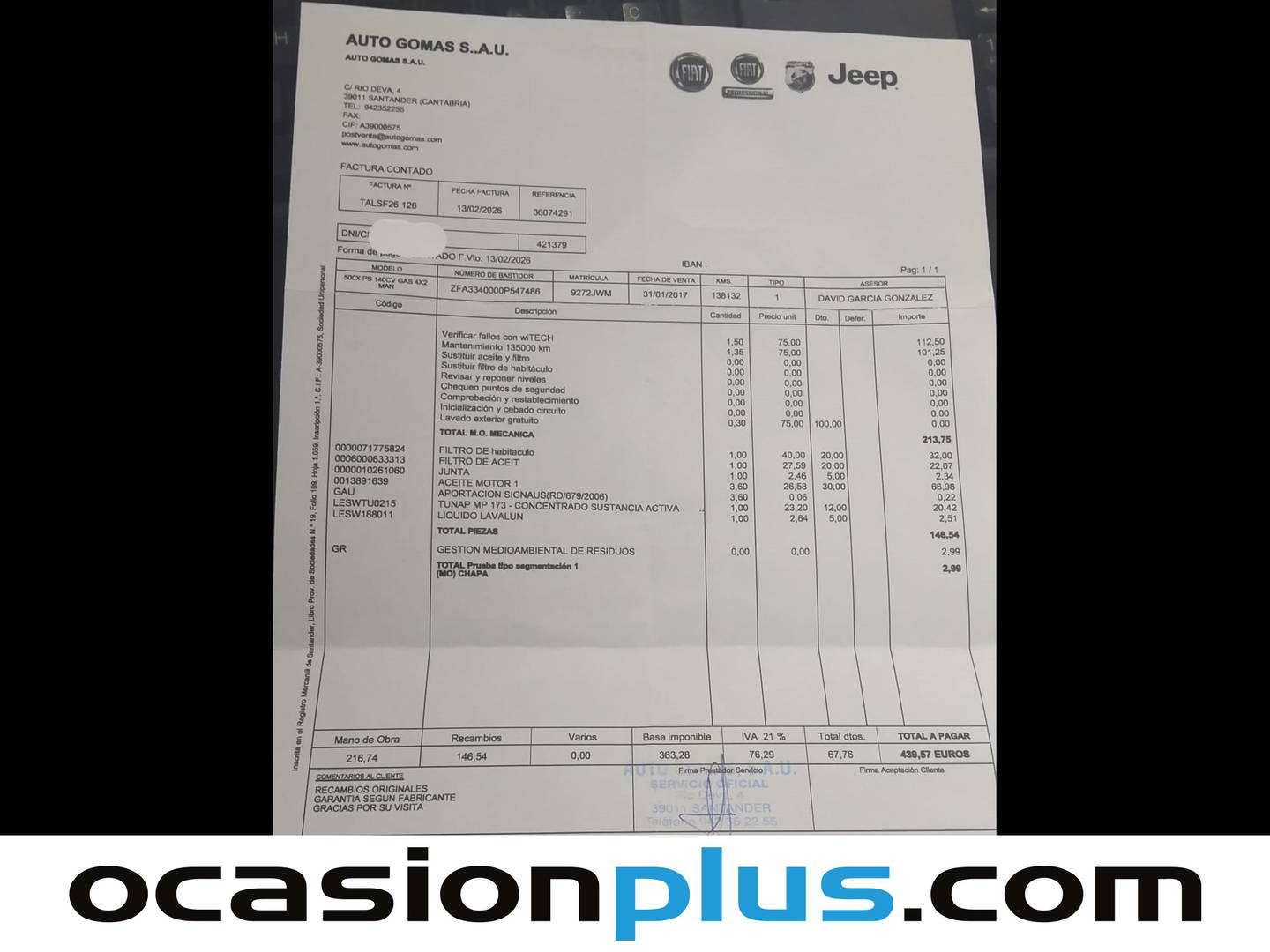 Foto del mantenimiento del Fiat 500X Fiat 500X 1.4 MultiAir Pop Star 4x2 (140 CV)