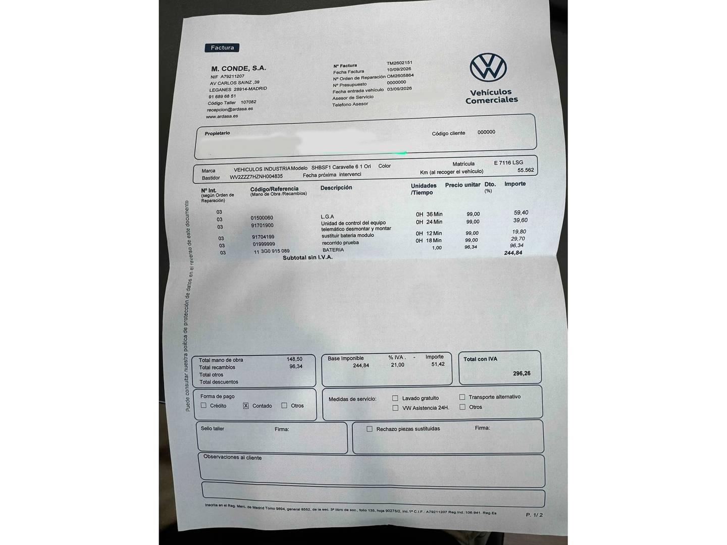 Foto del mantenimiento del Volkswagen Caravelle Volkswagen Caravelle Origin Batalla Corta 2.0 TDI BMT (150 CV) 8 Plazas