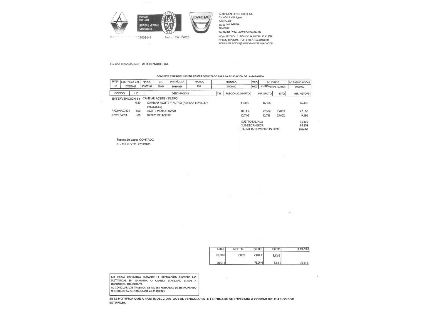 Foto del mantenimiento del KIA Stonic KIA Stonic 1.2 DPi Drive (79 CV)