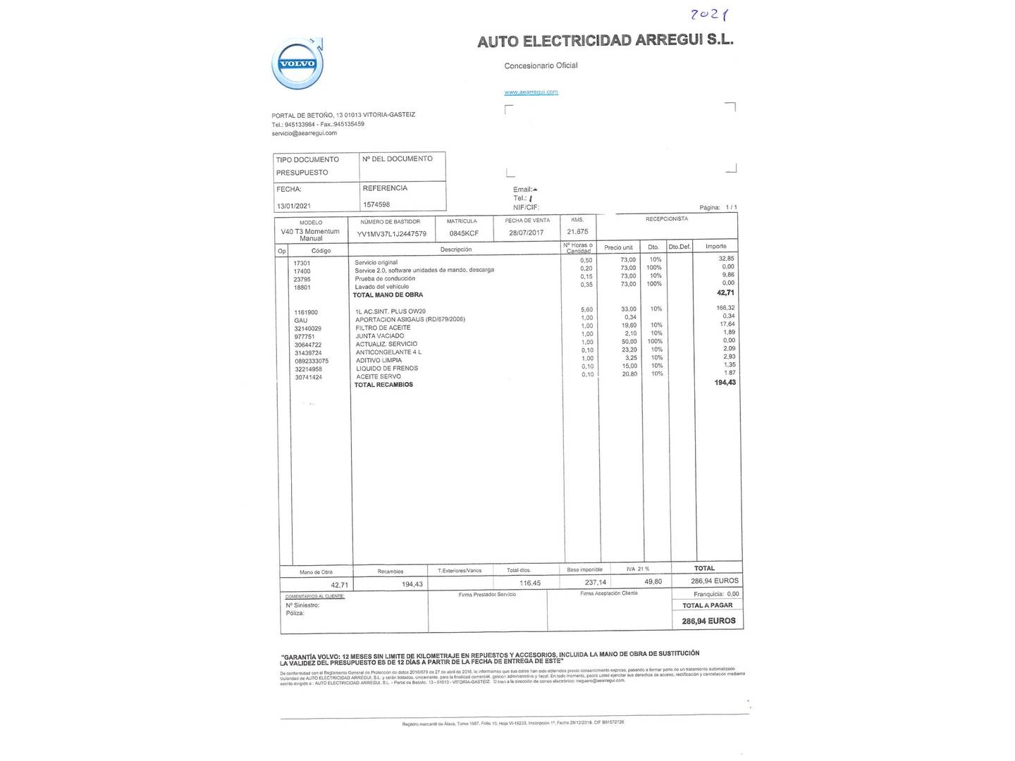 Foto del mantenimiento del Volvo V40 Volvo V40 T3 Momentum (152 CV)