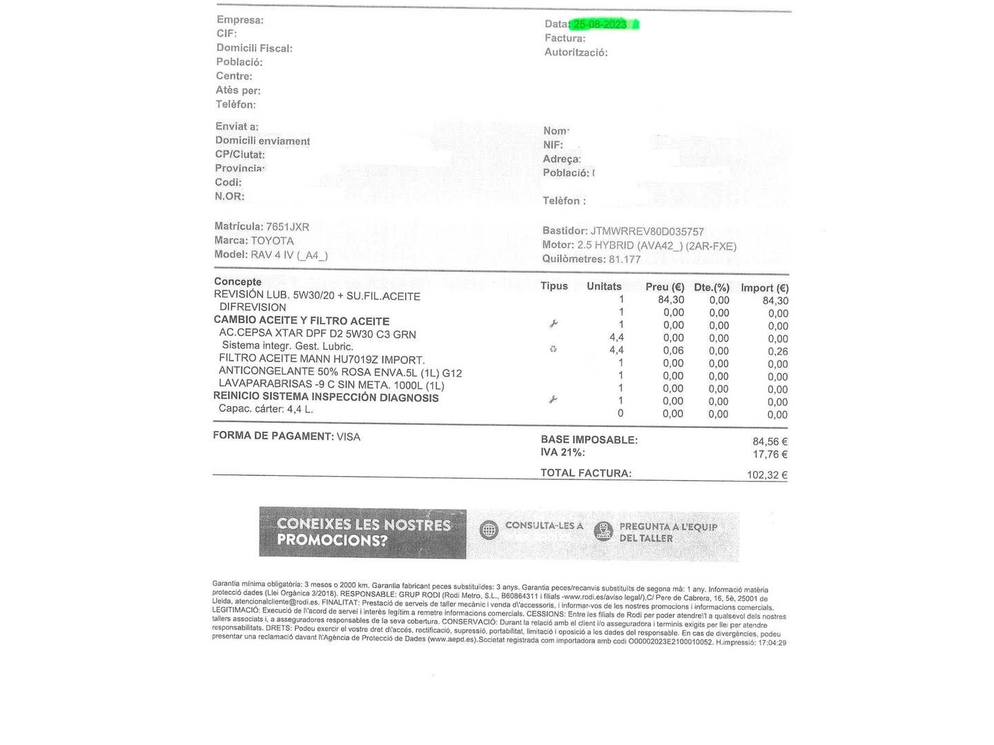 Foto del mantenimiento del Toyota Rav4 Toyota Rav4 2.5l hybrid Feel! 2WD 145 kW (197 CV)