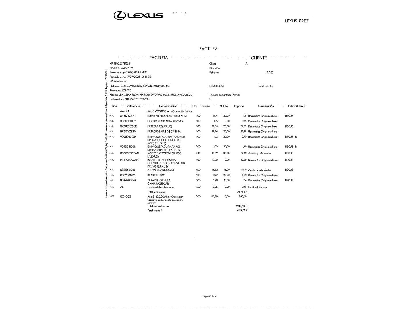 Foto del mantenimiento del Lexus NX Lexus NX 300h Business Navigation 2WD (197 CV)