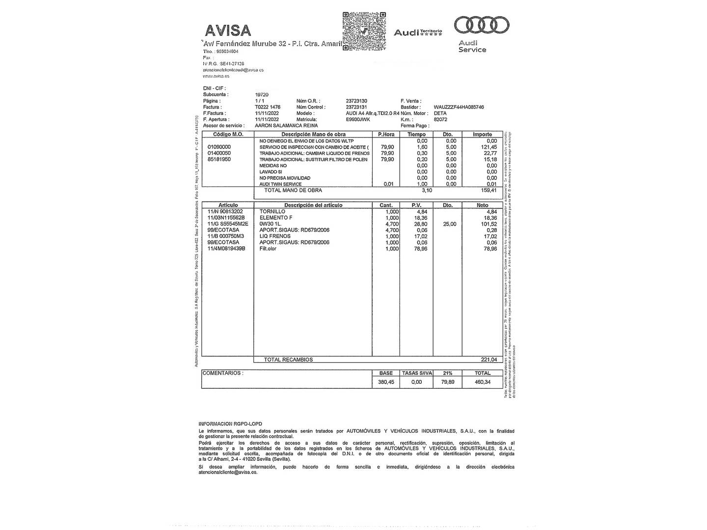 Foto del mantenimiento del Audi A4 Allroad Audi A4 Allroad unlimited edition 2.0 TDI quattro (190 CV) S tronic