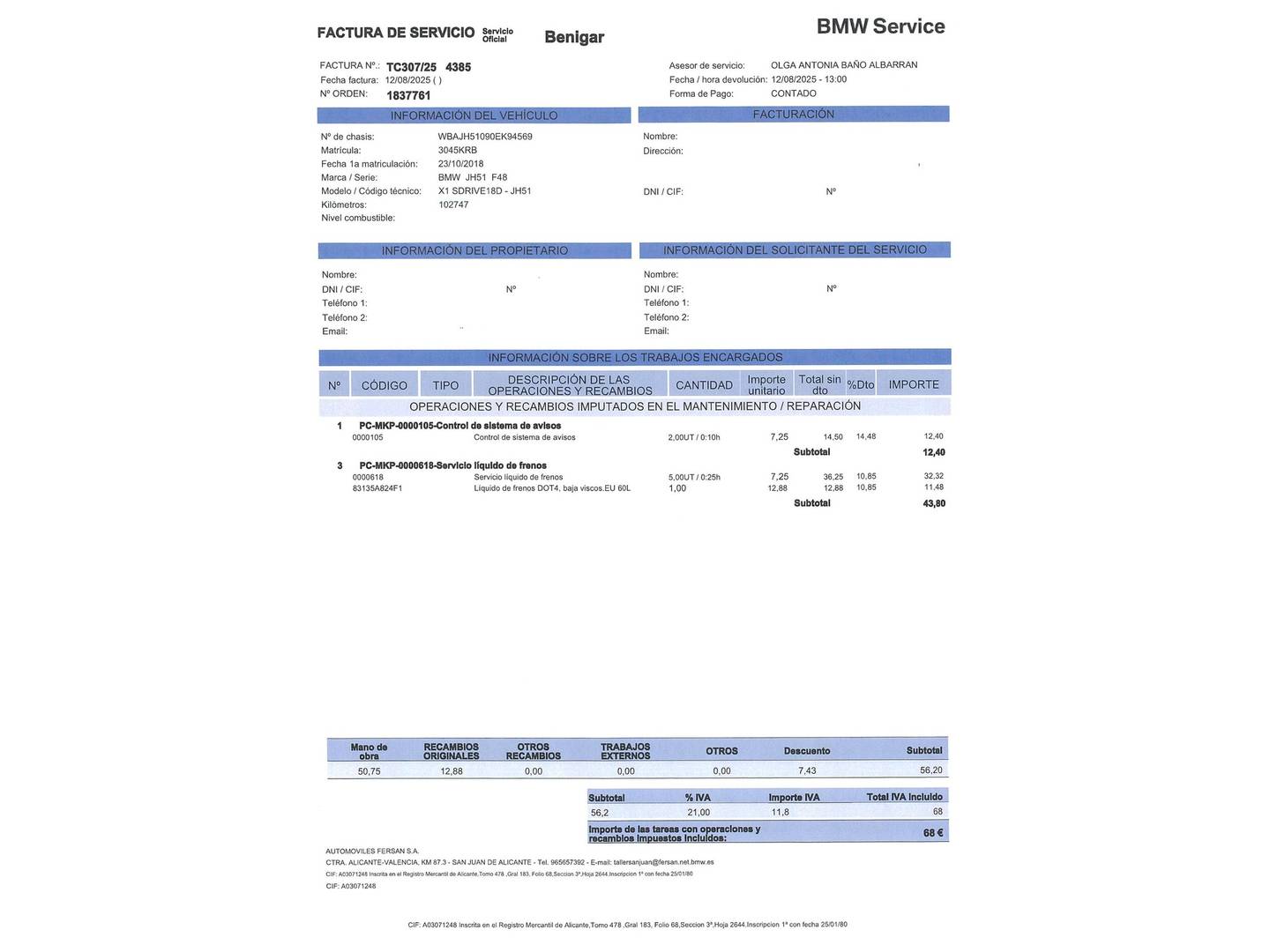 Foto del mantenimiento del BMW X1 BMW X1 sDrive18d (150 CV)