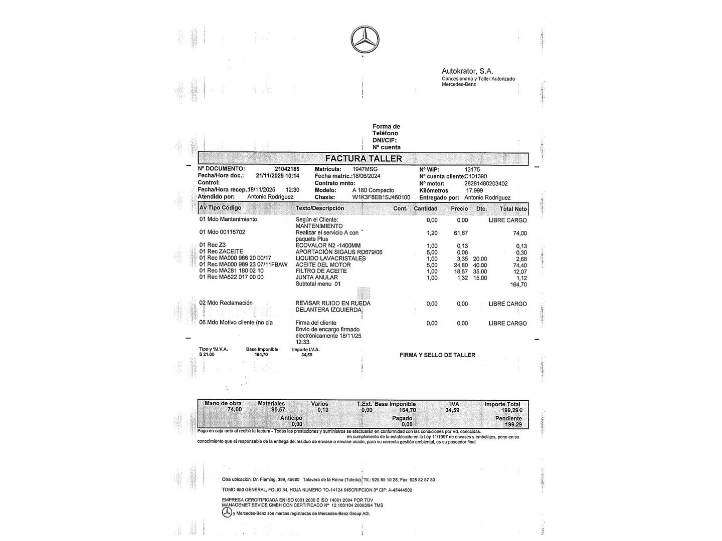 Foto del mantenimiento del Mercedes Clase A Mercedes Clase A 180 (136 CV) Pack AMG