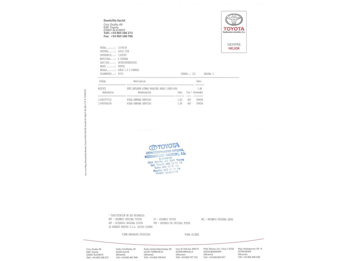 Foto del mantenimiento del Toyota Auris Toyota Auris 1.6 VVT-i Active (132 CV)
