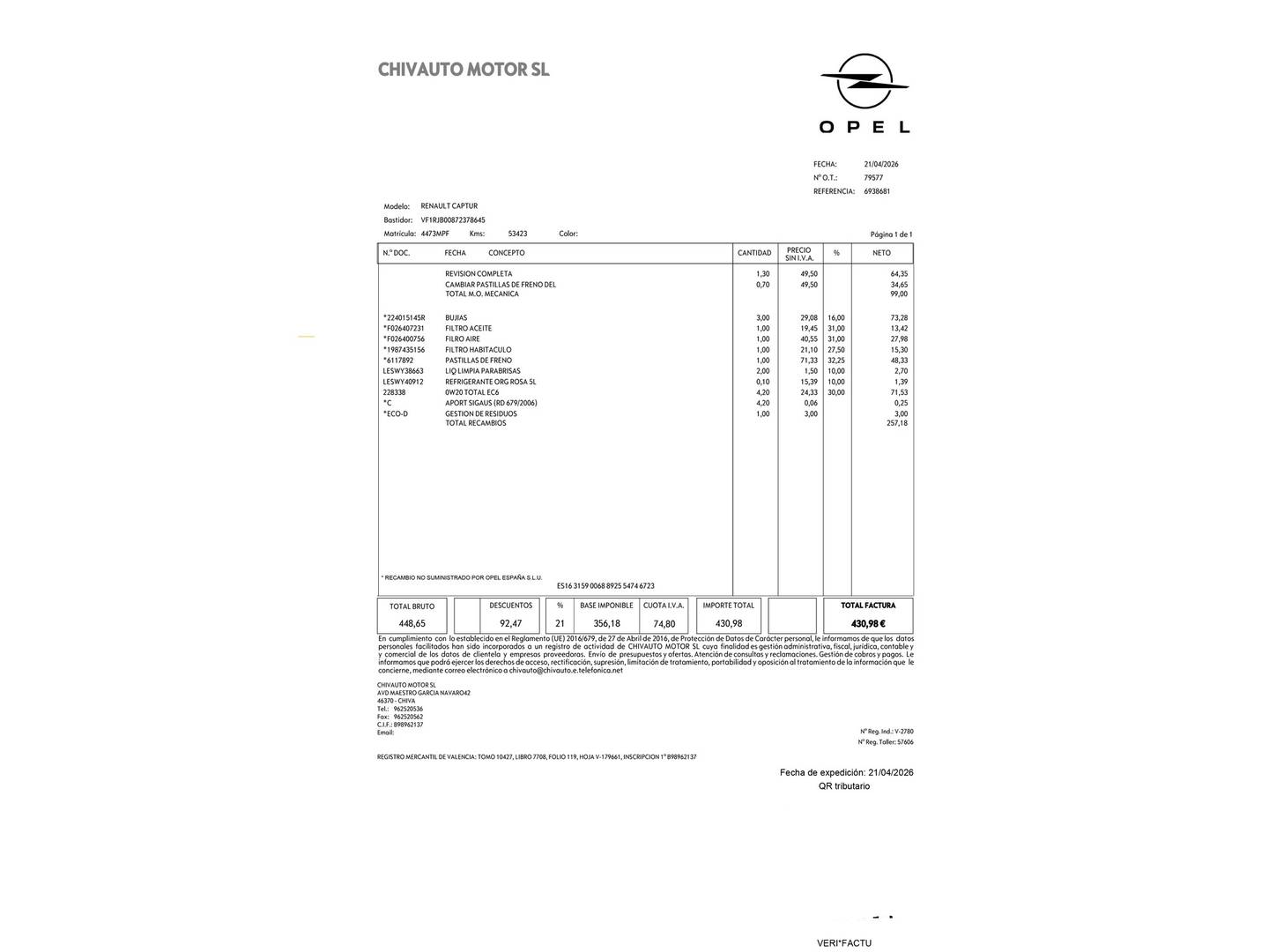 Foto del mantenimiento del Renault Captur Renault Captur Techno TCe (90 CV)
