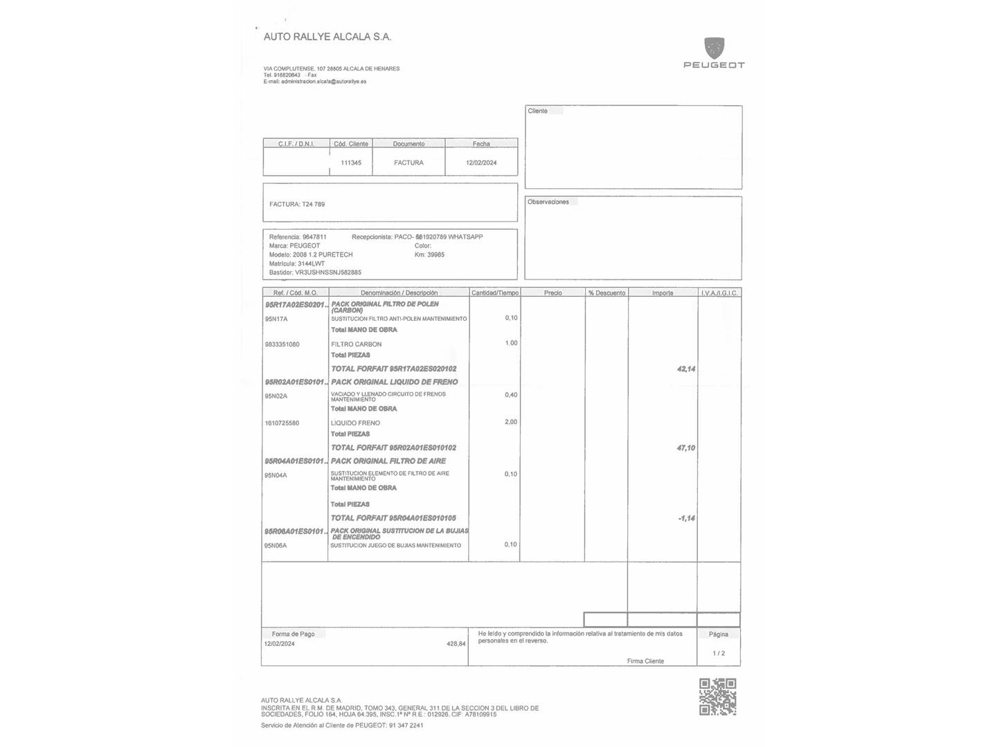 Foto del mantenimiento del Peugeot 2008 Peugeot 2008 PureTech 130 S&S GT Pack EAT8 (130 CV)