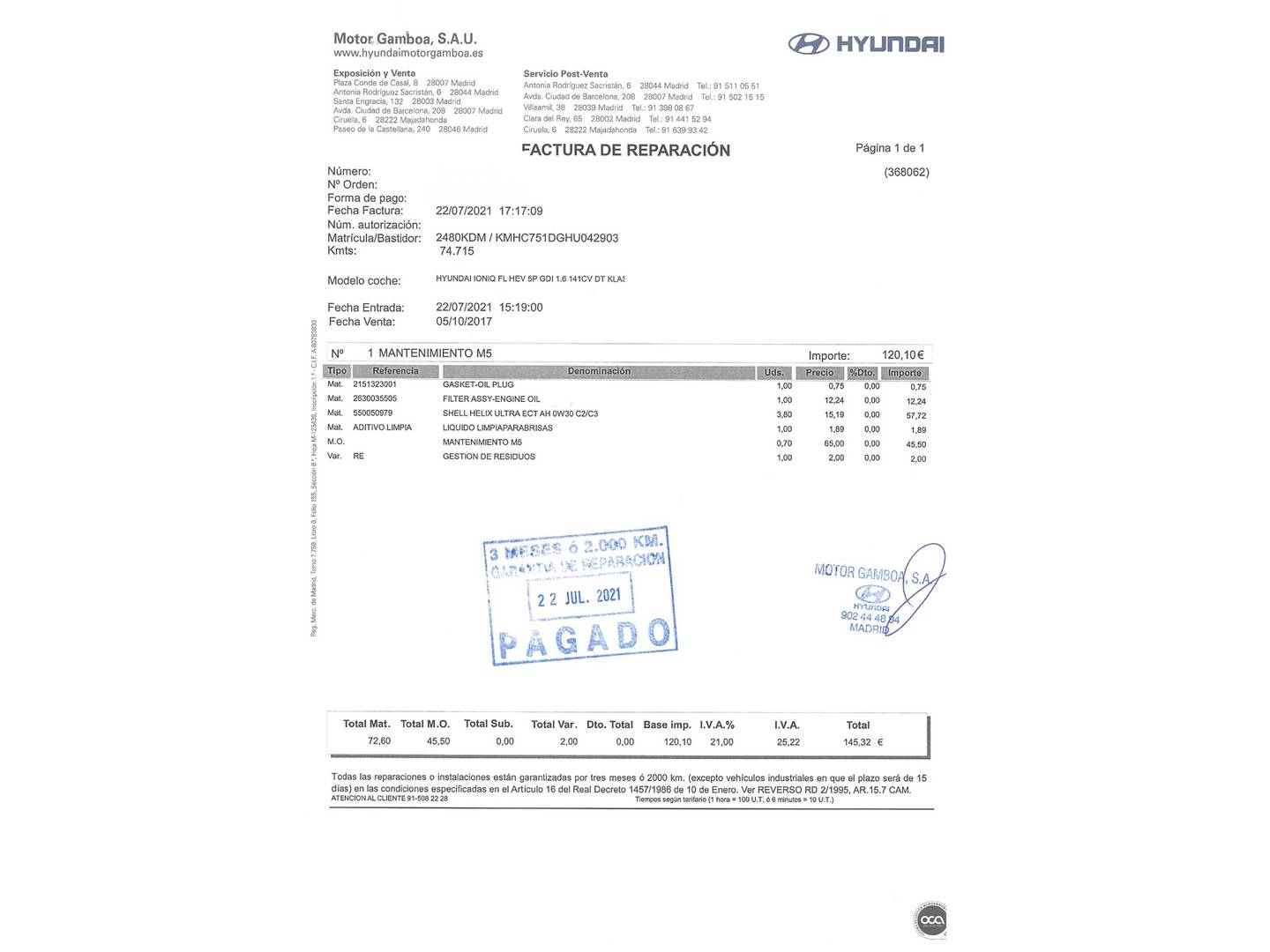 Foto del mantenimiento del Hyundai IONIQ Hyundai Ioniq 1.6 GDI PHEV Tecno DCT (141 CV)