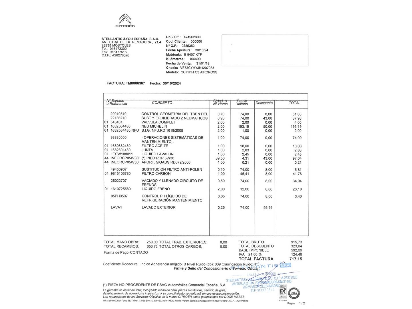 Foto del mantenimiento del Citroën C3 Aircross Citroën C3 Aircross BlueHDi 100 S&S Feel (102 CV)