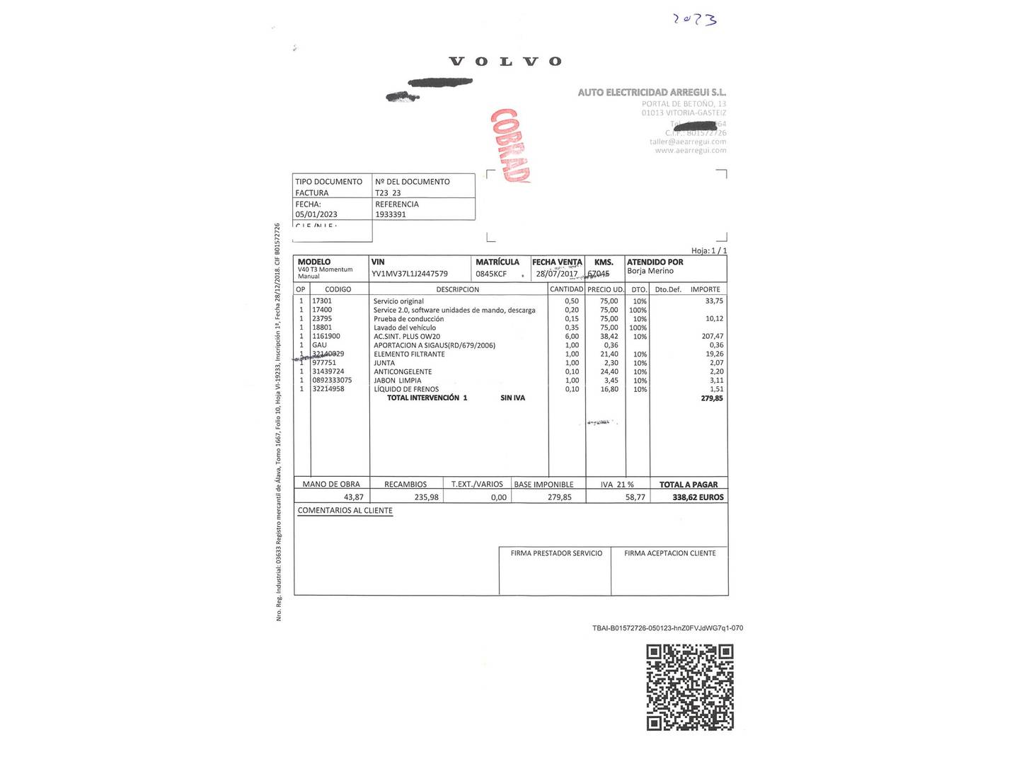 Foto del mantenimiento del Volvo V40 Volvo V40 T3 Momentum (152 CV)