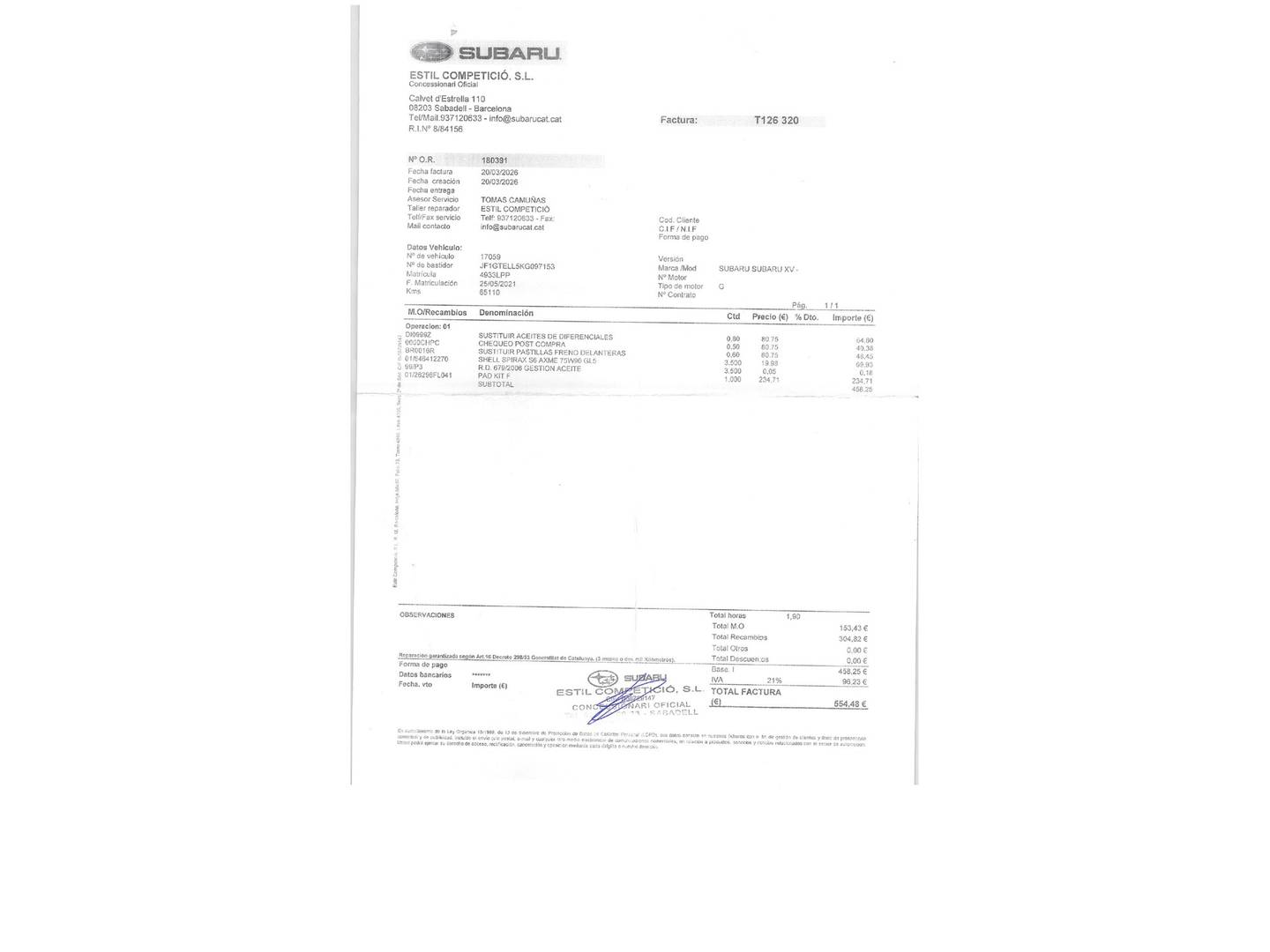 Foto del mantenimiento del Subaru XV Subaru XV 2.0i Hybrid Sport Plus CVT  (150 CV)