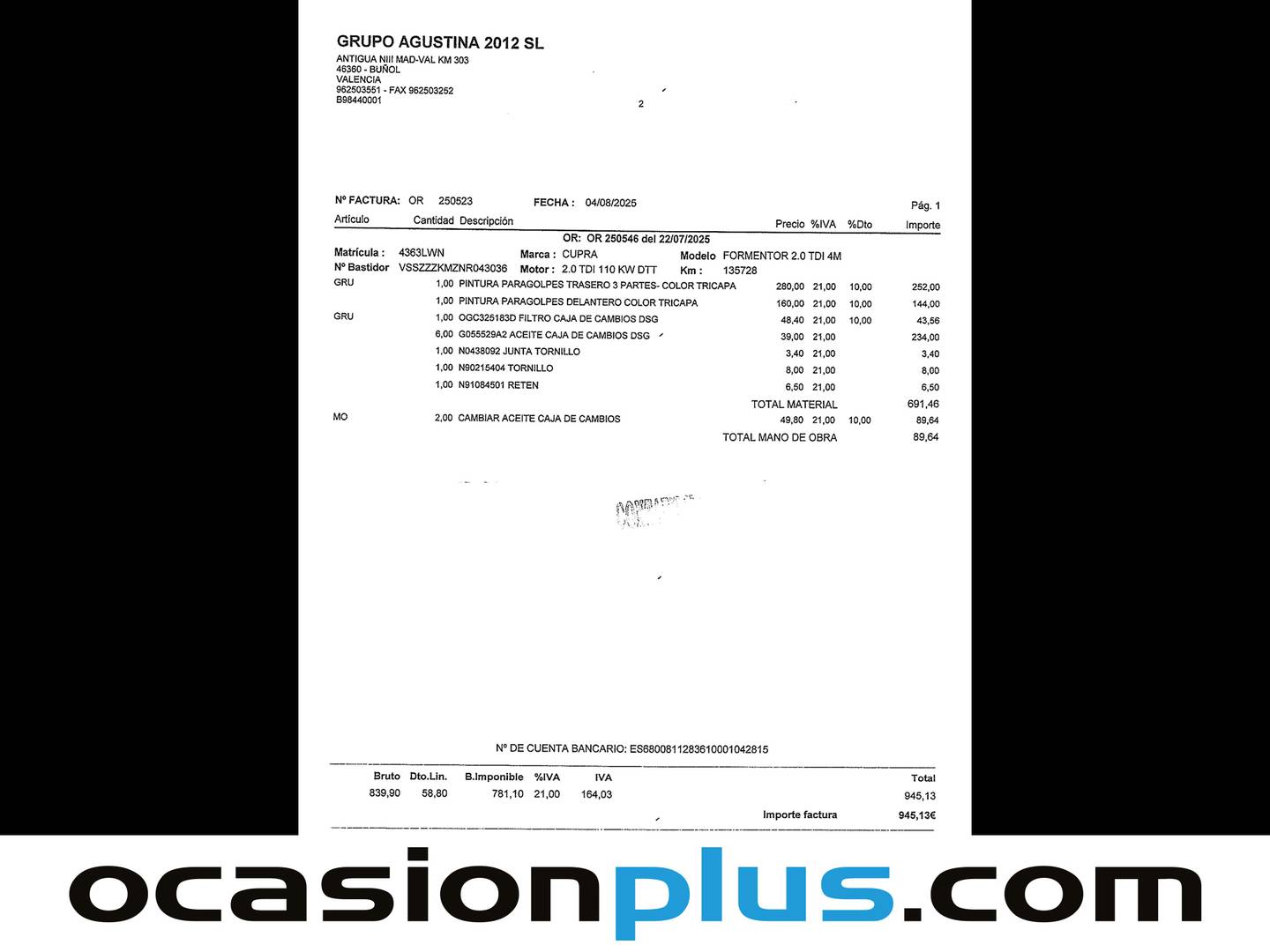 Foto del mantenimiento del Cupra Formentor CUPRA Formentor 2.0 TDI 4Drive DSG  (150 CV)