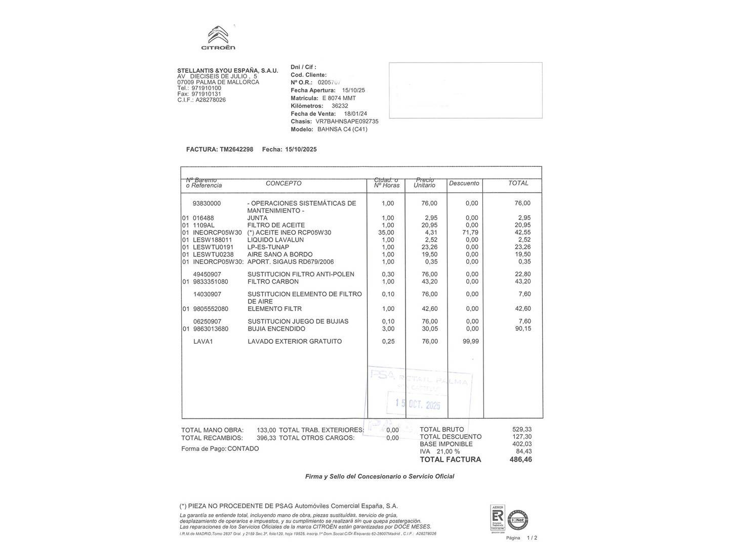 Foto del mantenimiento del Citroën C4 Citroën C4 PureTech 130 S&S You (131 CV)