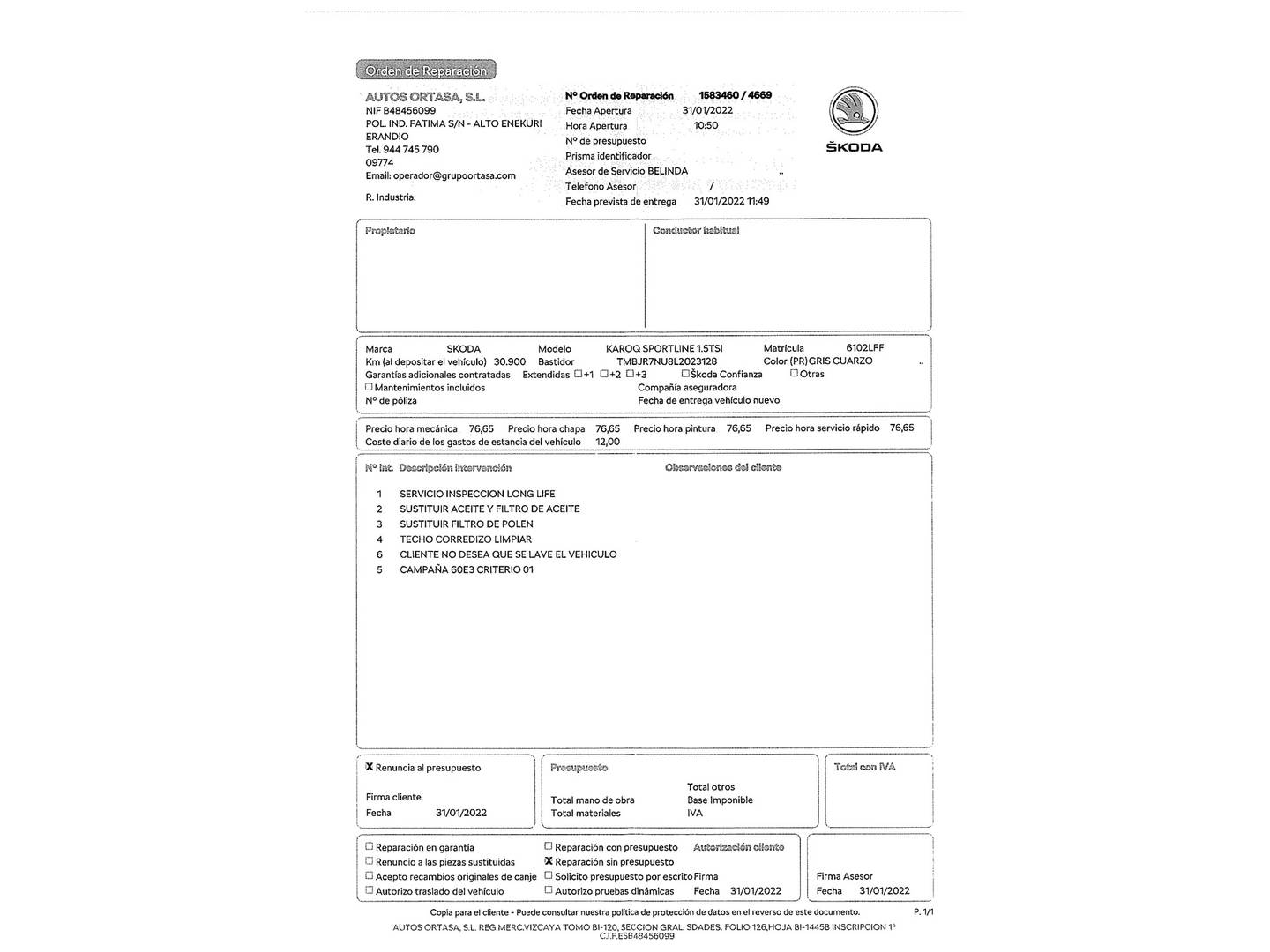 Foto del mantenimiento del Skoda Karoq Skoda Karoq 1.5 TSI ACT Sportline DSG (150 CV)