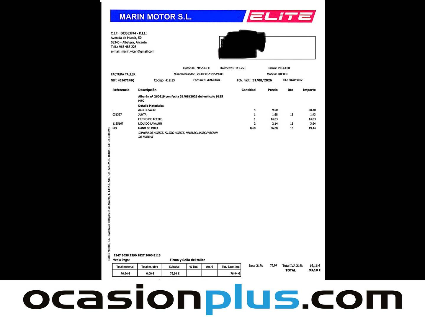 Foto del mantenimiento del Peugeot Rifter Peugeot Rifter BlueHDi 130 S&S GT Business Standard EAT8 (130 CV)