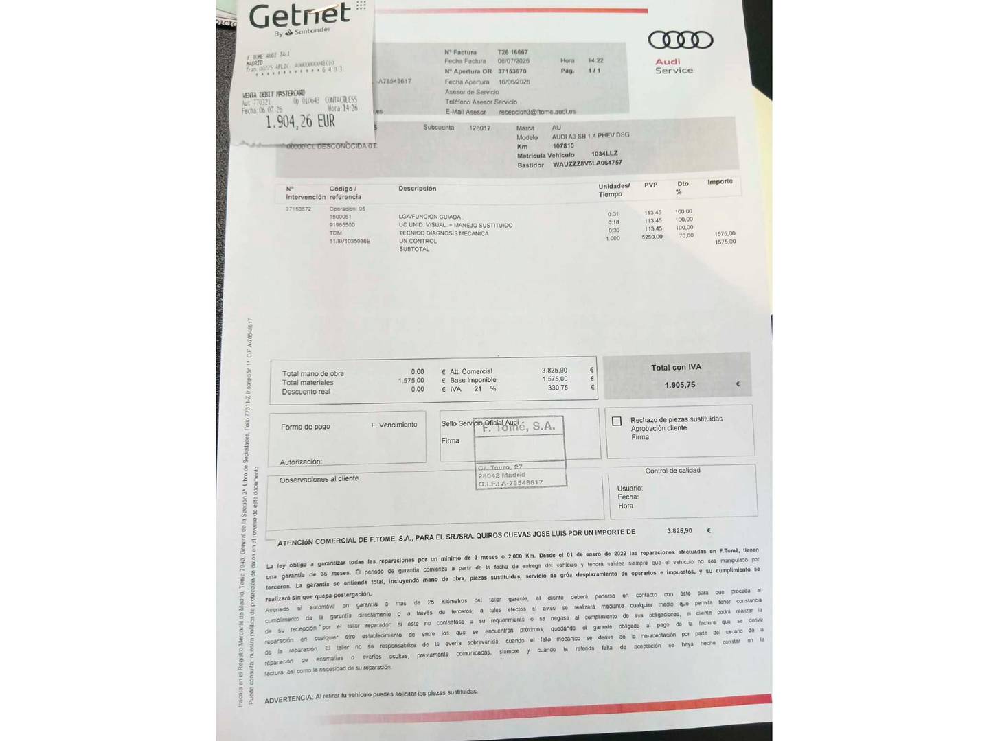 Foto del mantenimiento del Audi A3 Audi A3 Sportback S Line 40 e-tron (204 CV) S Tronic