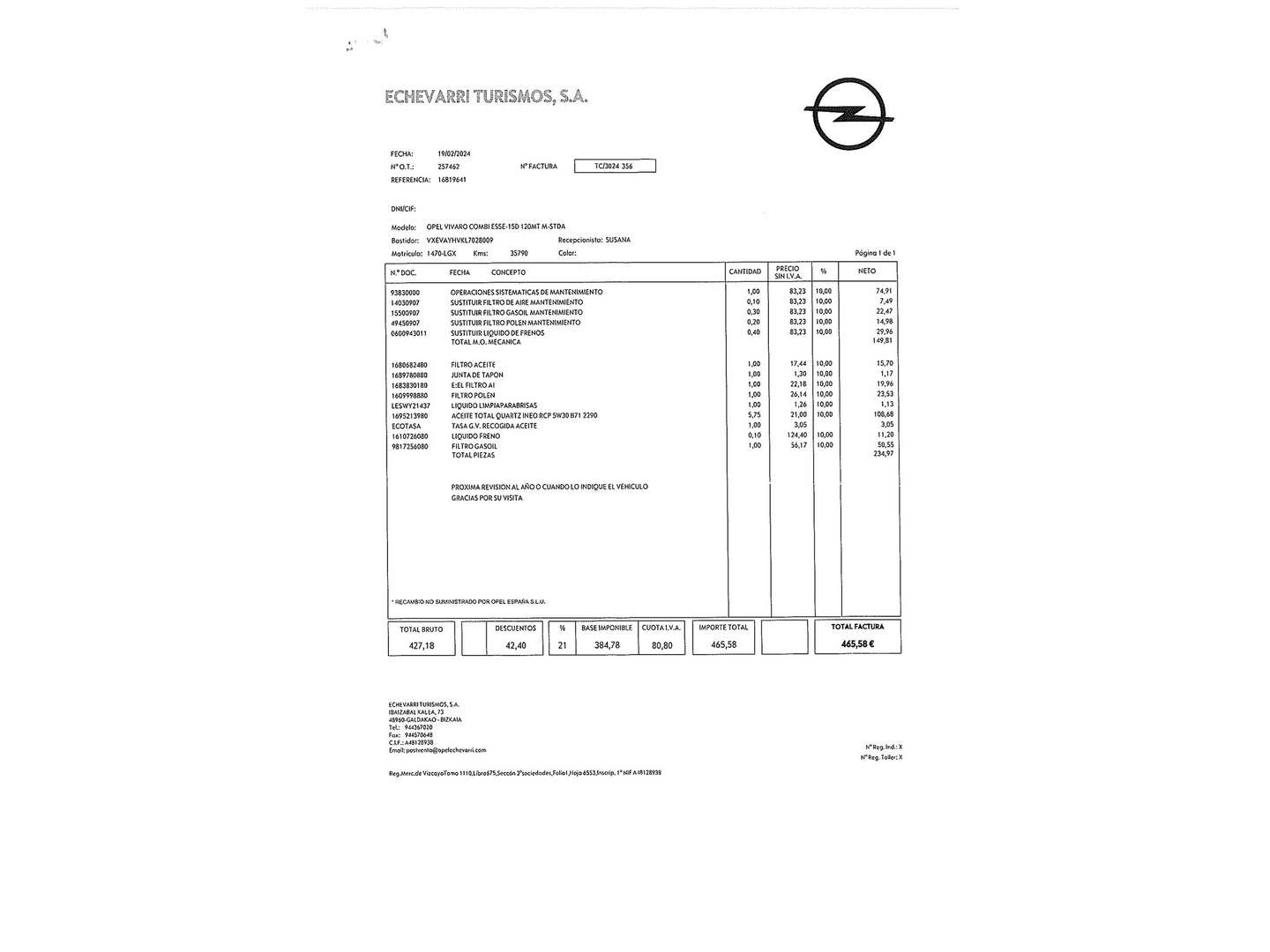 Foto del mantenimiento del Opel Vivaro Opel Vivaro Combi 1.5 Diesel M Standard Express (120 CV) Semi-camperizada 4 Plazas